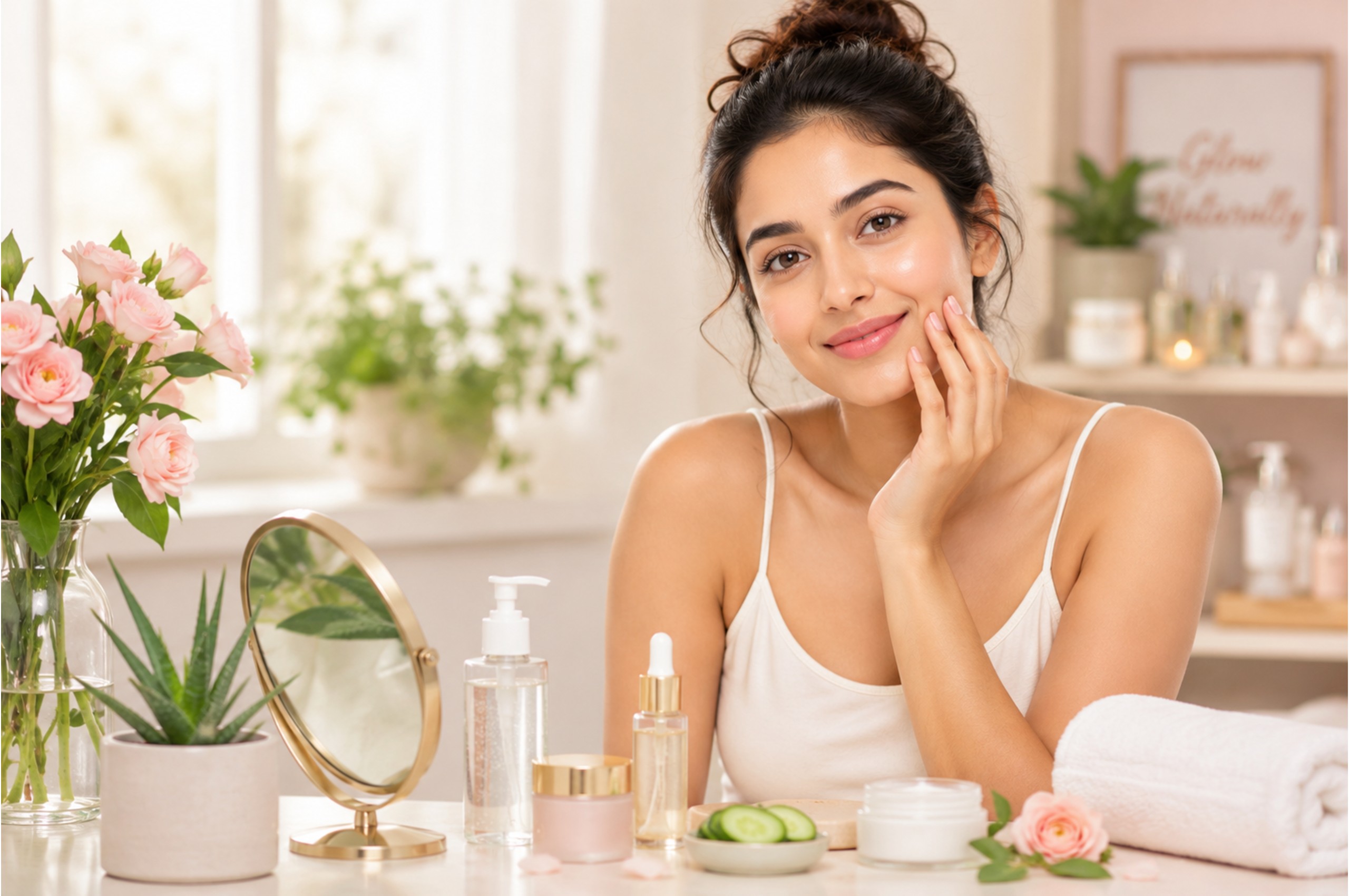 Woman with fresh glowing skin and skincare products