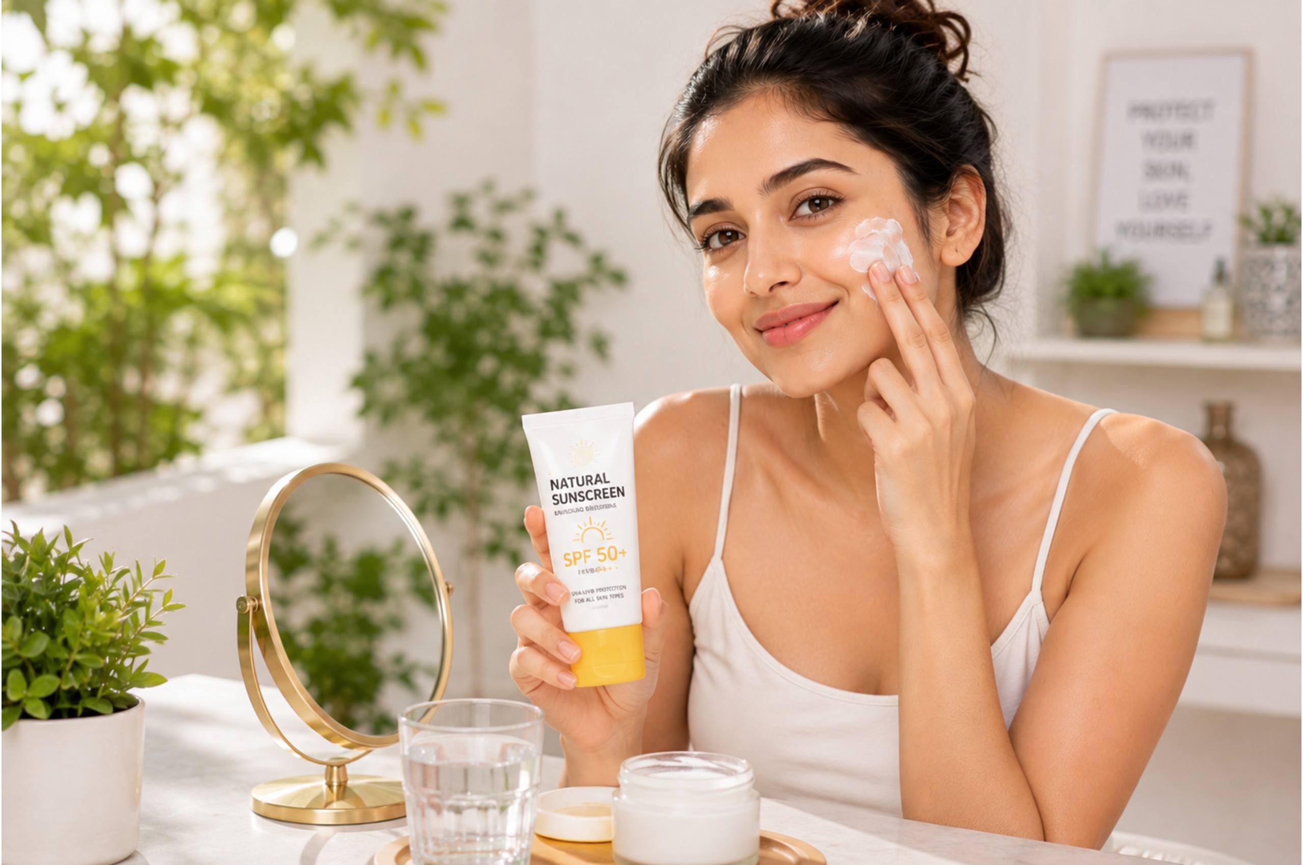 Woman applying sunscreen to her face