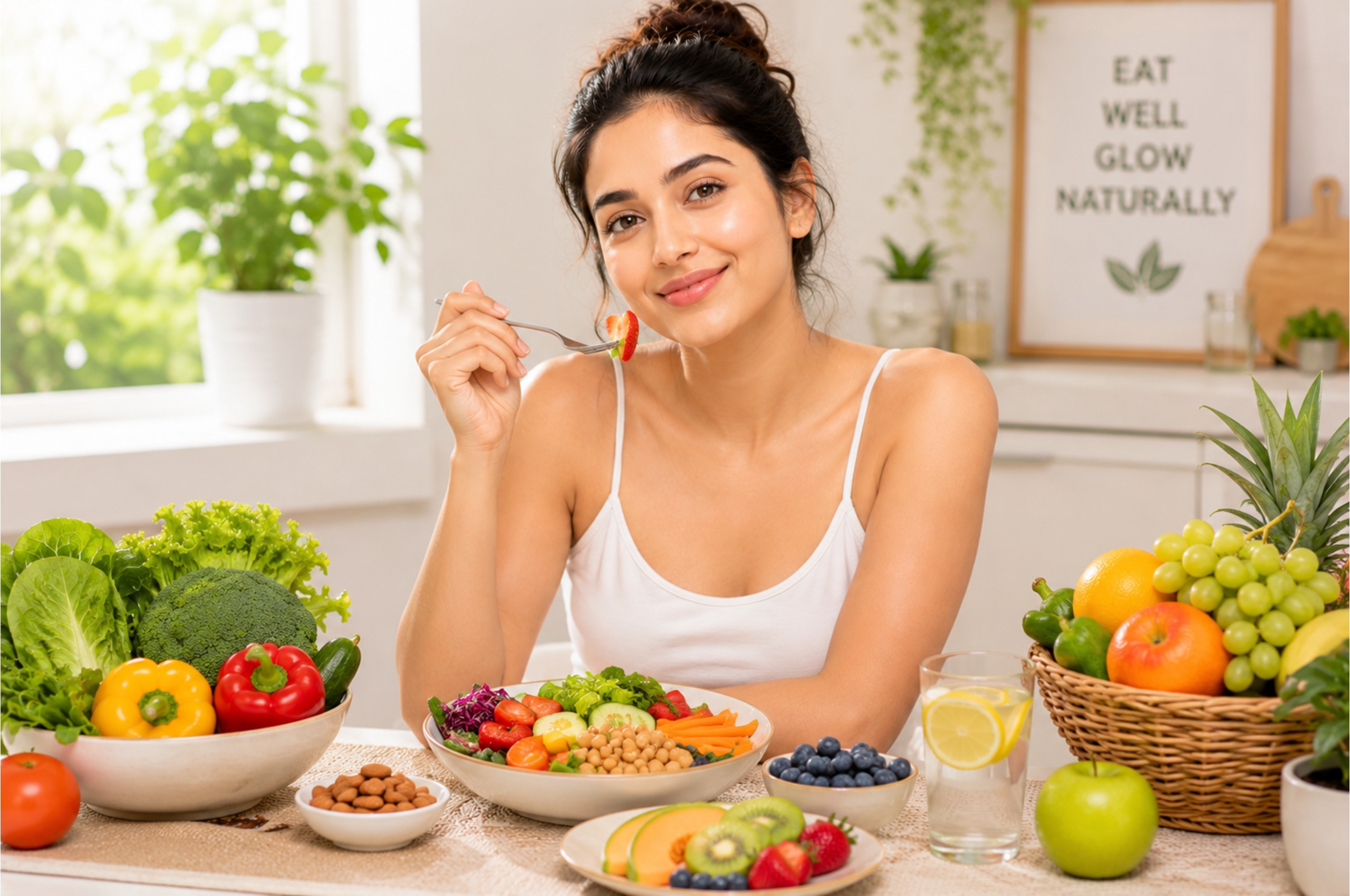 Woman eating healthy fruits and vegetables