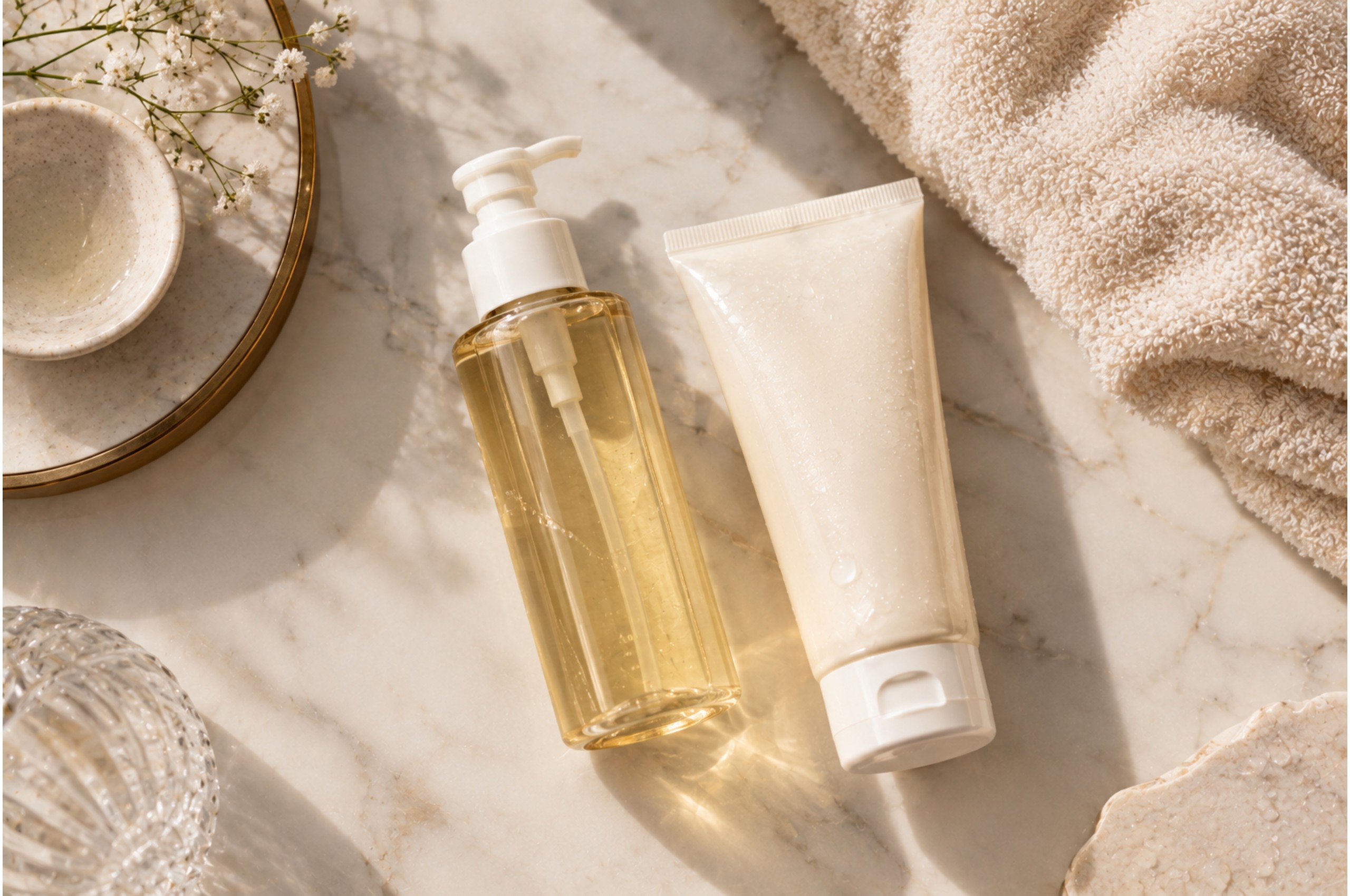Cleansing oil and face wash used together for double cleansing skincare routine
