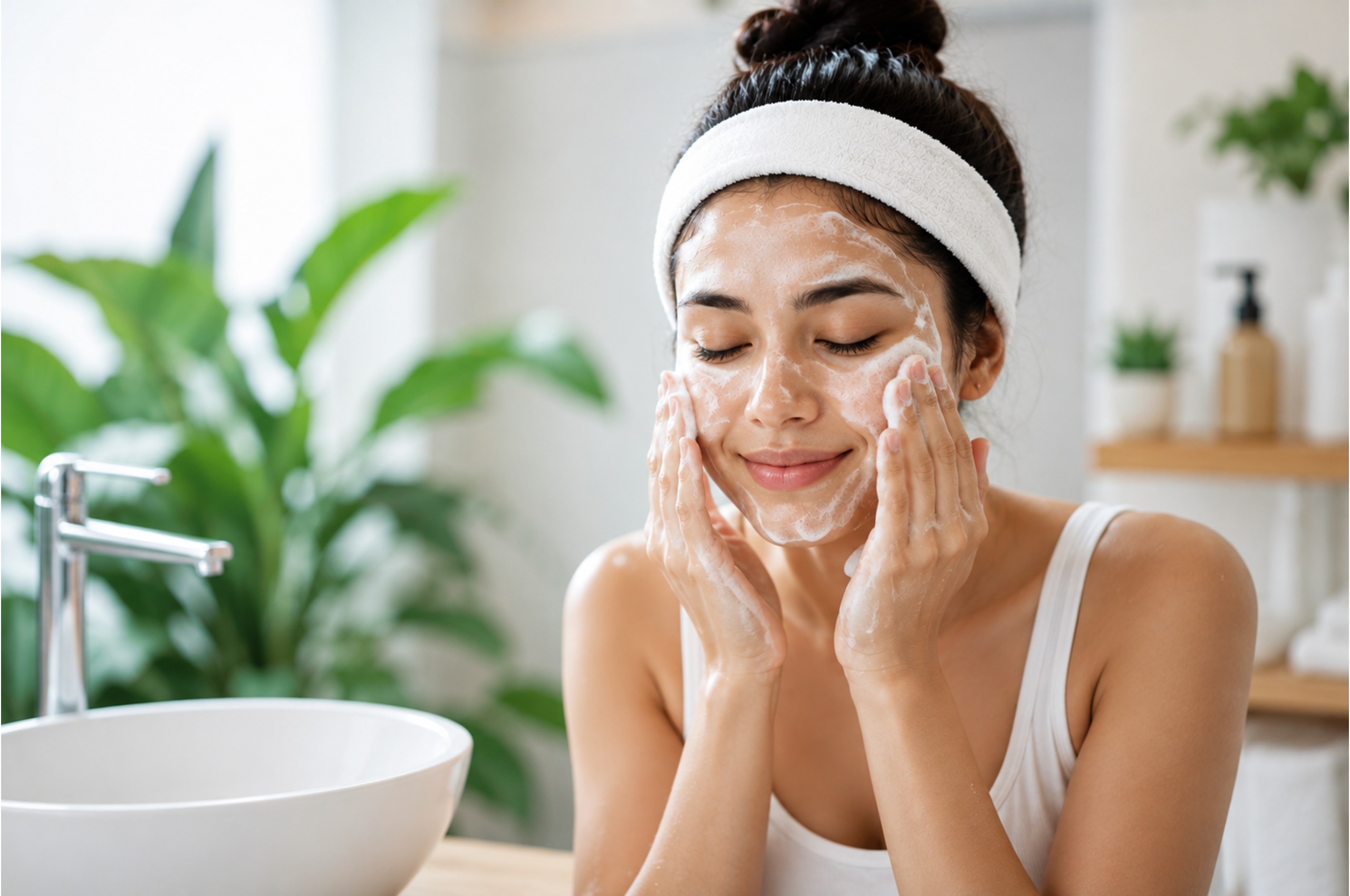 Woman washing her face with cleanser
