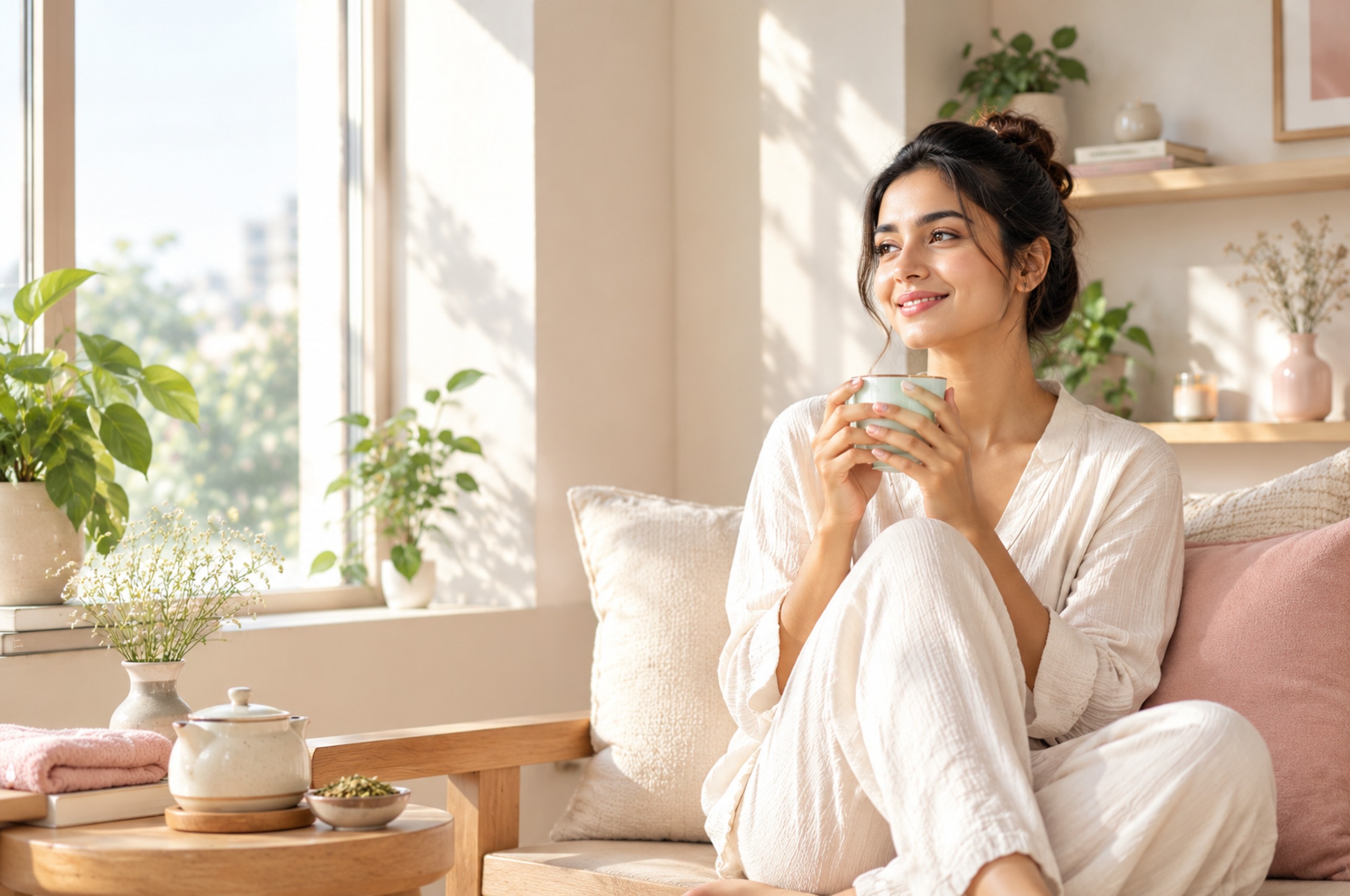 Young South Asian woman enjoying a peaceful morning self-care ritual with herbal tea