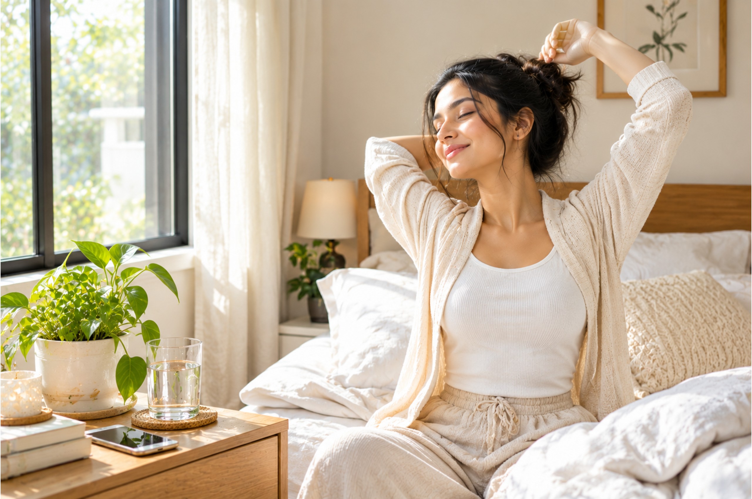 Young woman stretching beside a bedroom window in the morning