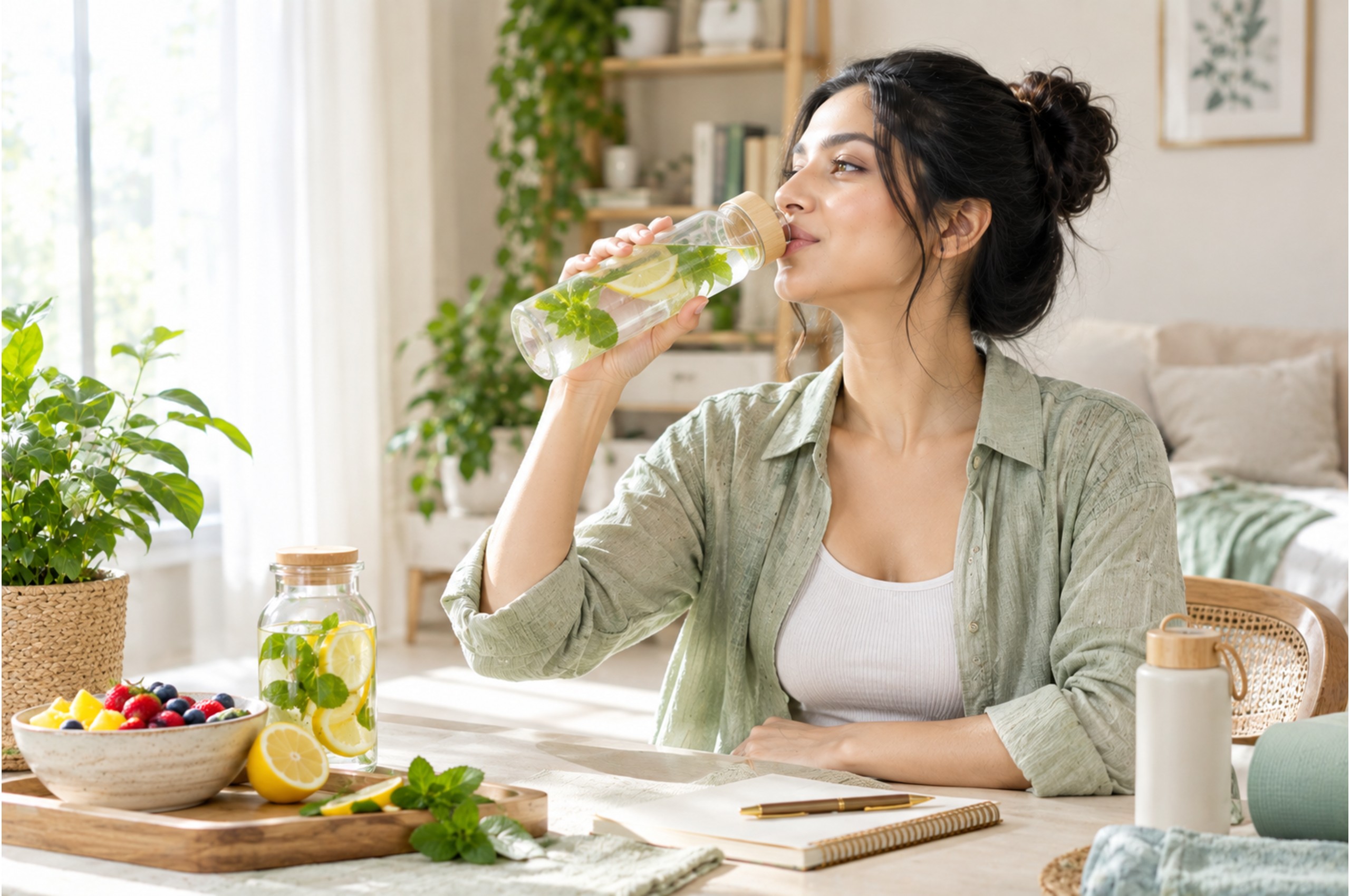 Woman drinking lemon mint infused water at home