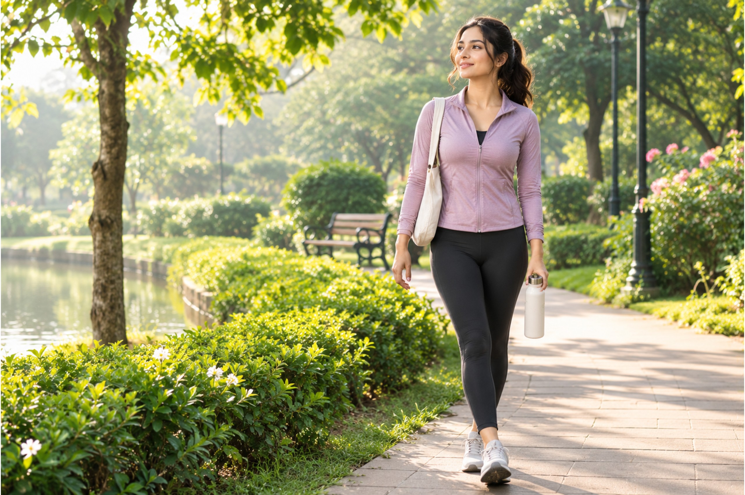 Young woman taking a peaceful morning walk in a green park