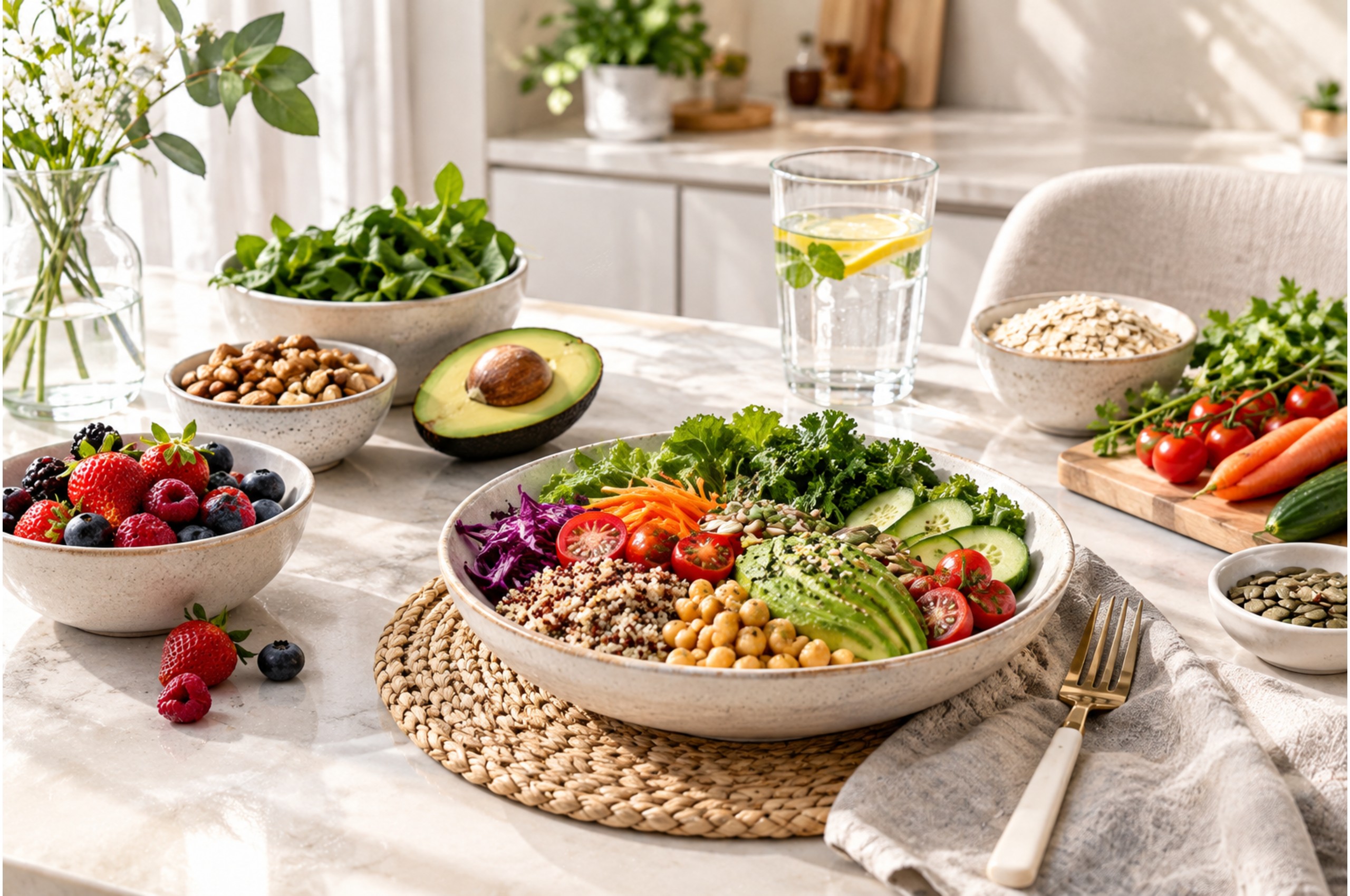 Healthy balanced meal with fresh fruits, vegetables, and whole grains