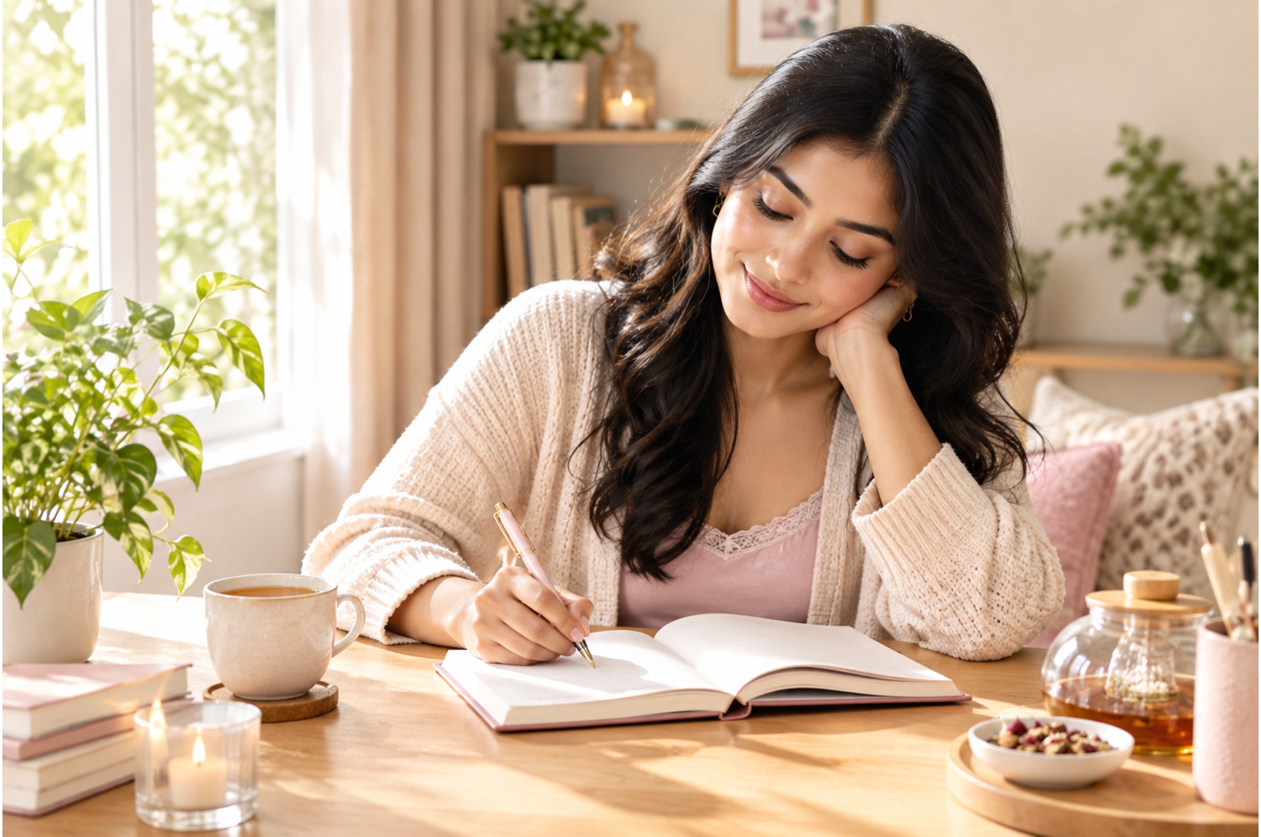 Young South Asian woman journaling in a peaceful wellness setting