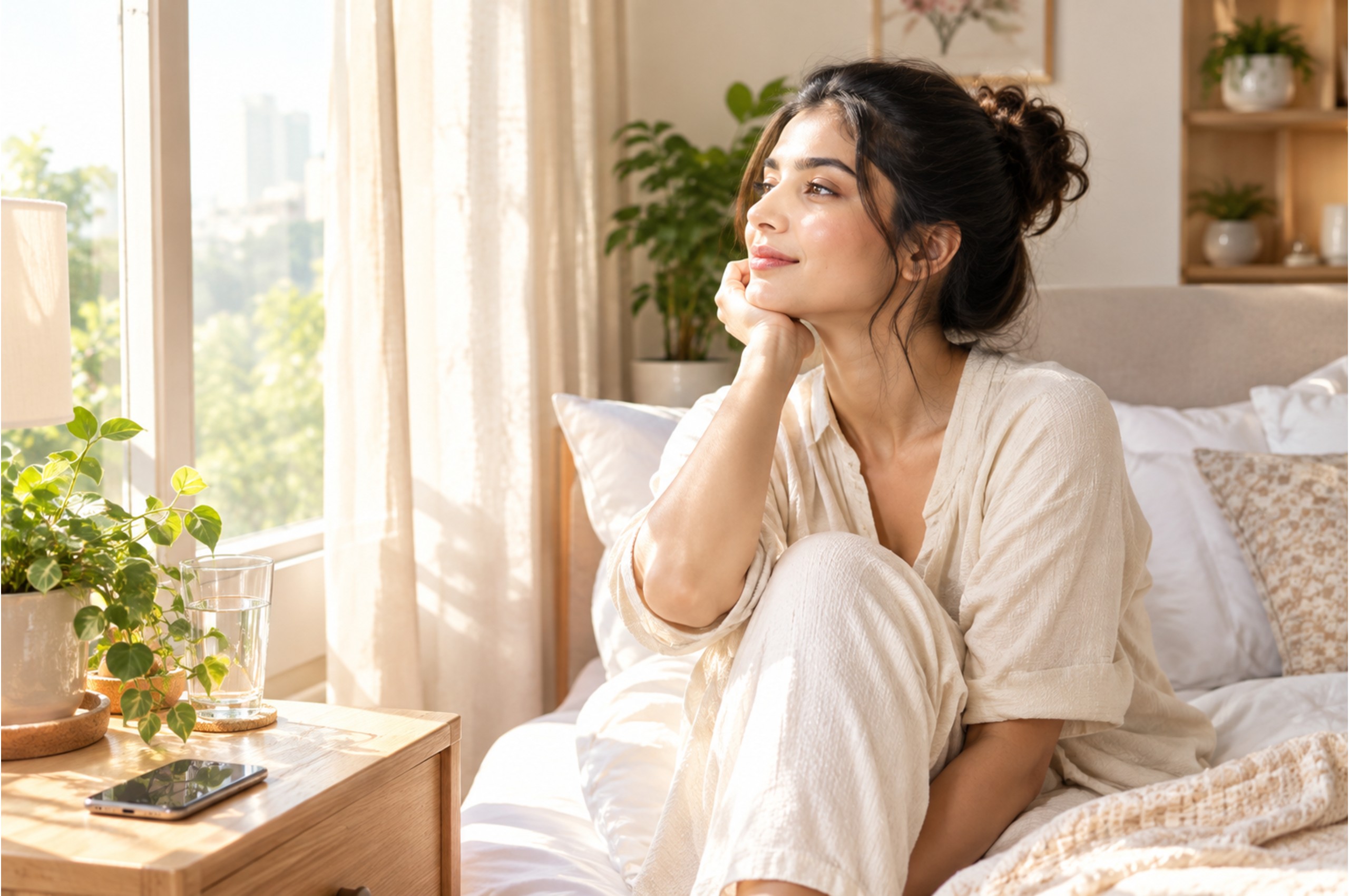 Woman enjoying a peaceful phone-free morning