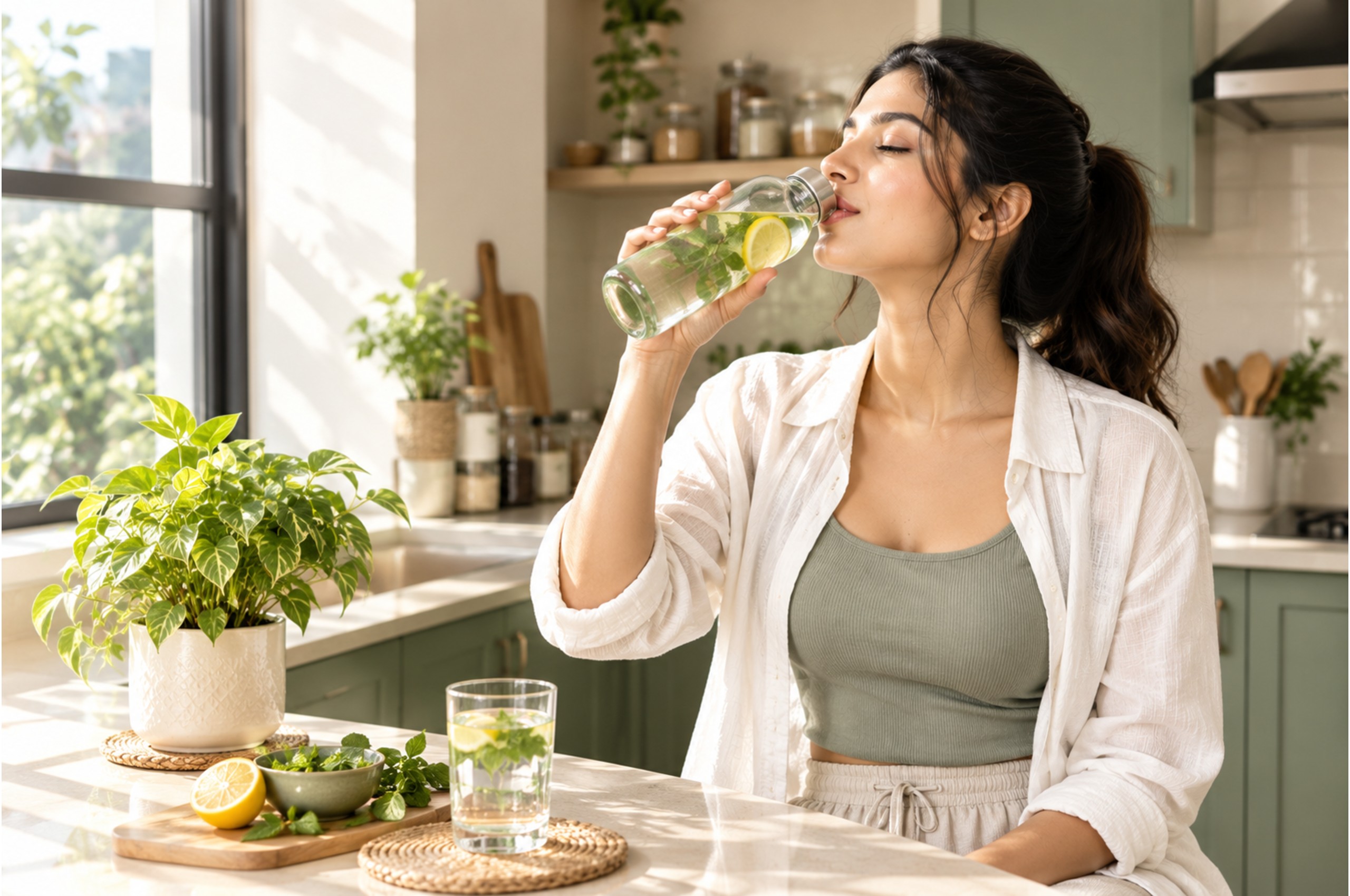 Woman drinking water during her morning wellness routine