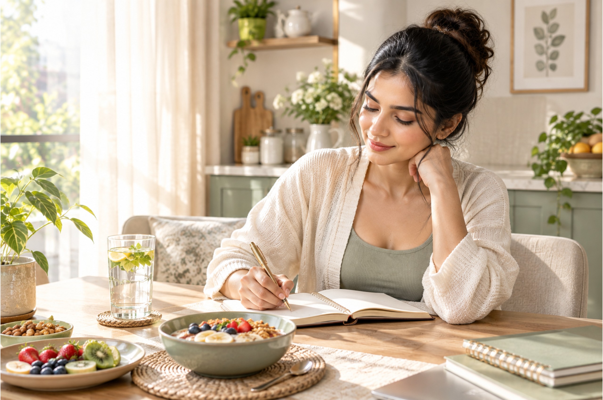 Woman planning her day with a journal and healthy breakfast