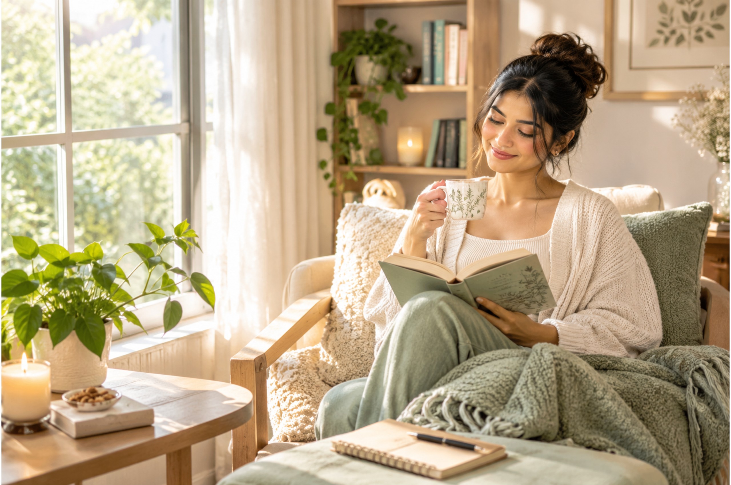 Woman enjoying a peaceful morning reading and relaxing