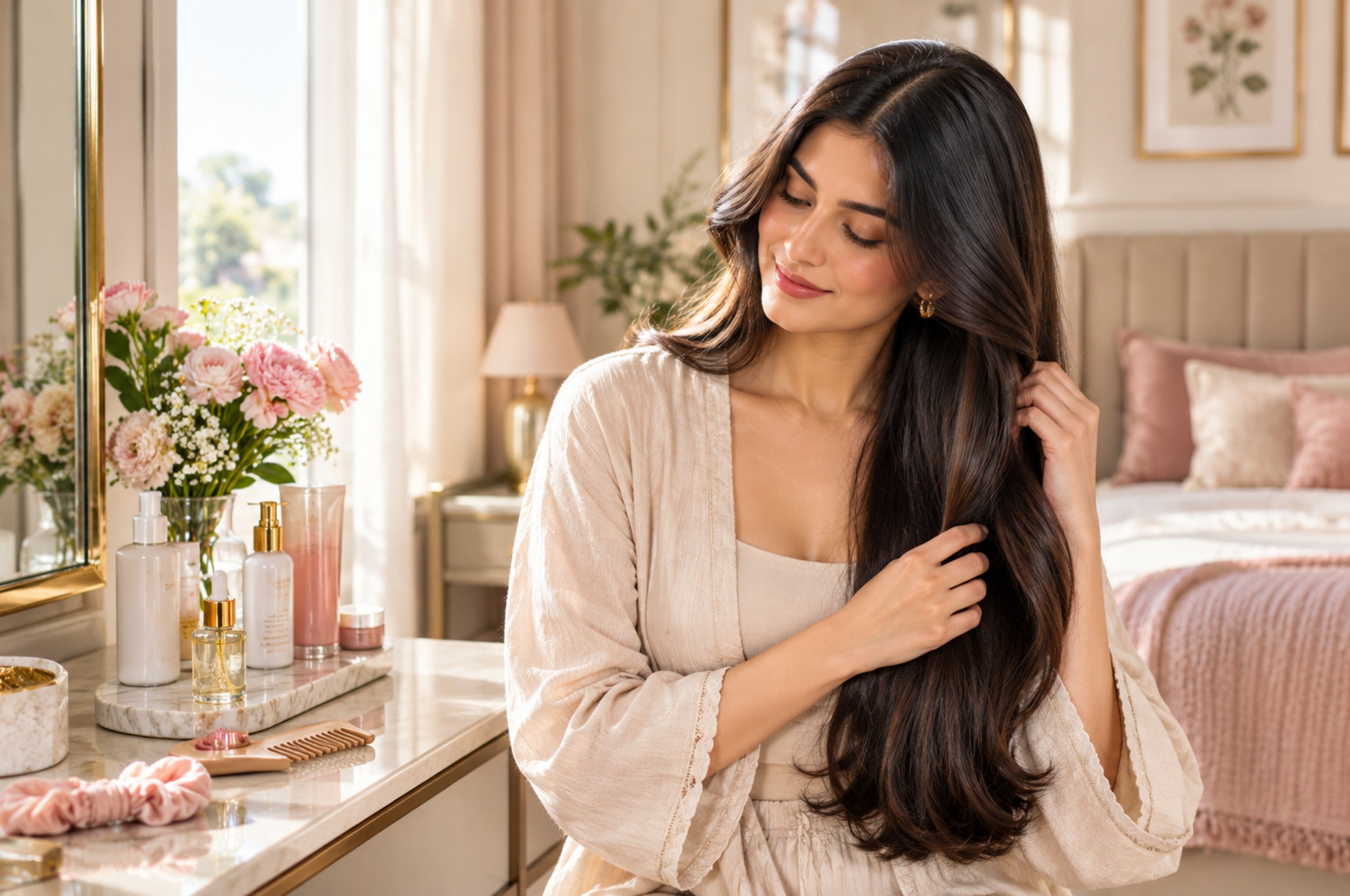 Woman with smooth glossy hair beside hair serum products