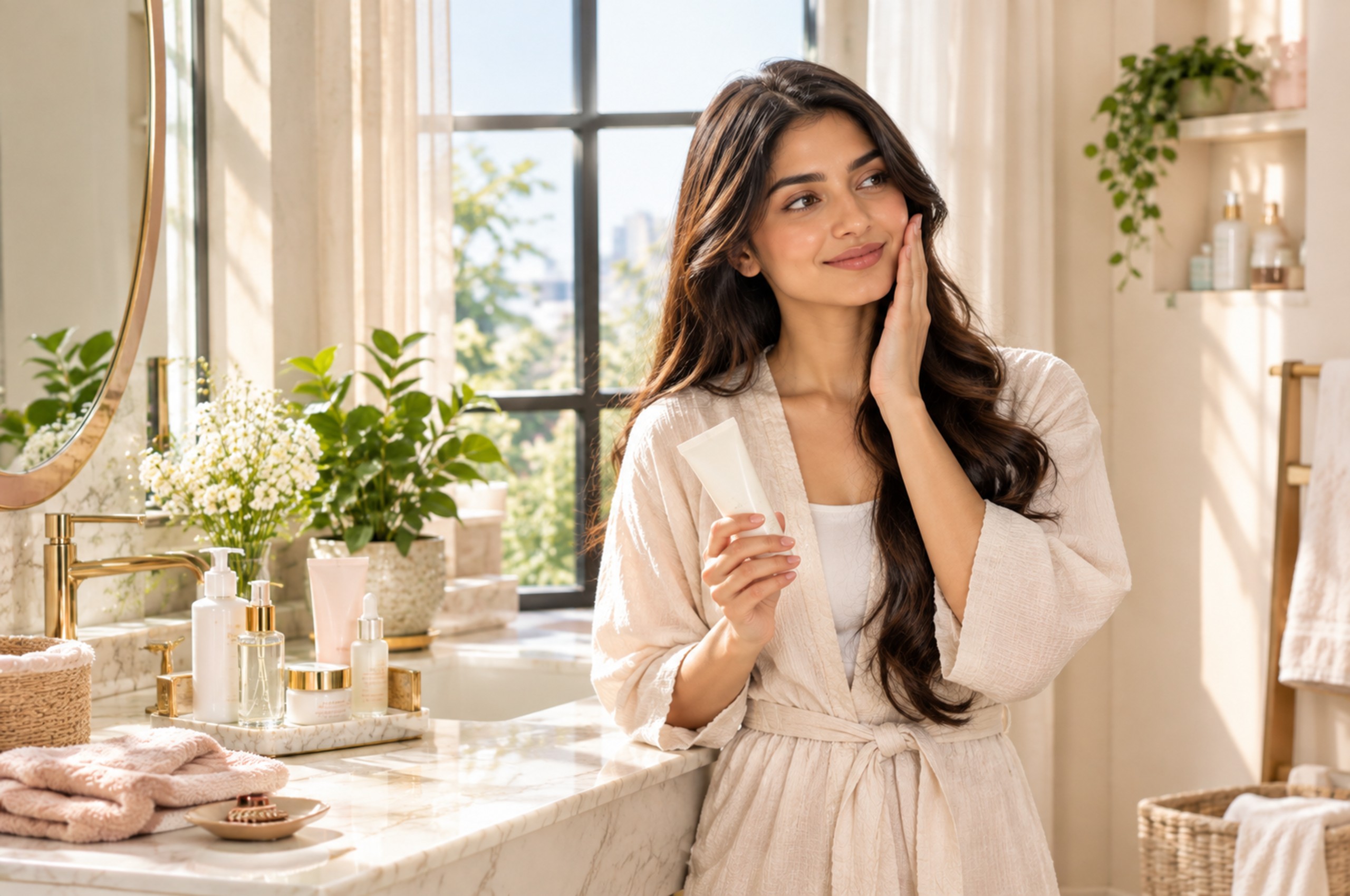 Young woman holding sunscreen during a morning skincare routine