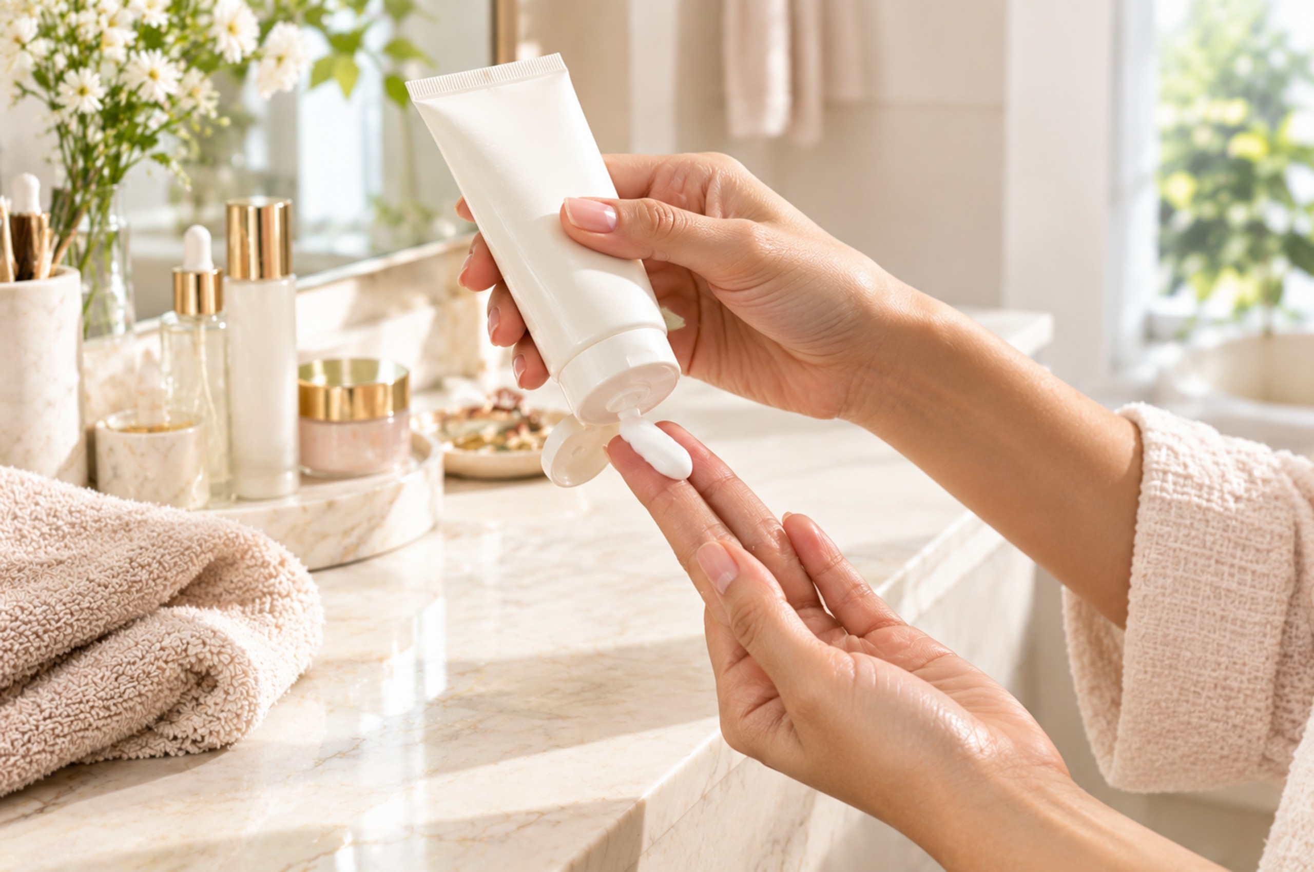 Woman applying sunscreen to her face during a skincare routine