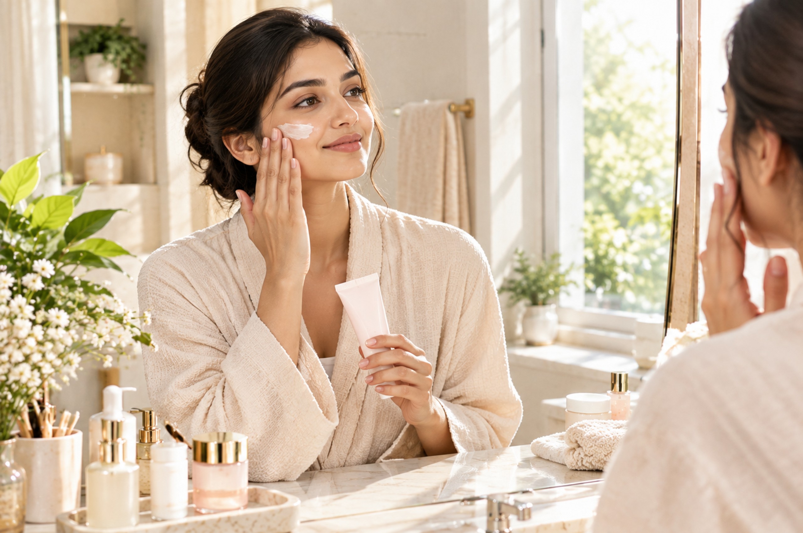 Woman applying sunscreen during her morning skincare routine