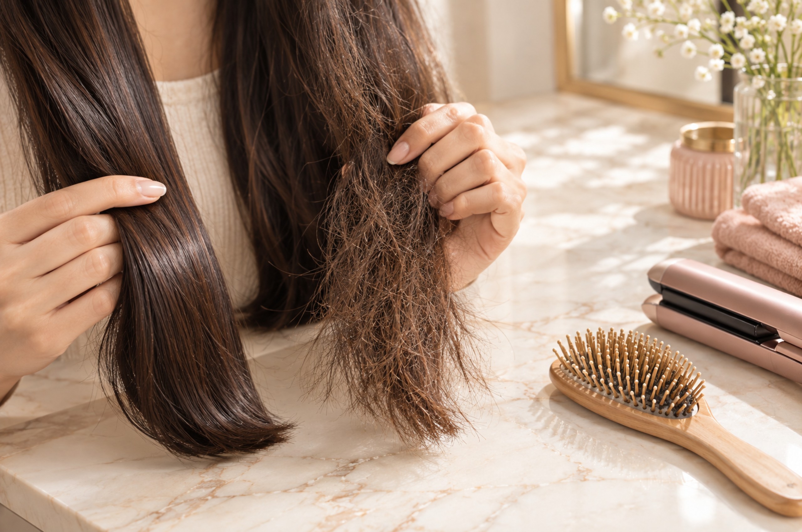 Healthy and heat-damaged hair strands shown in comparison