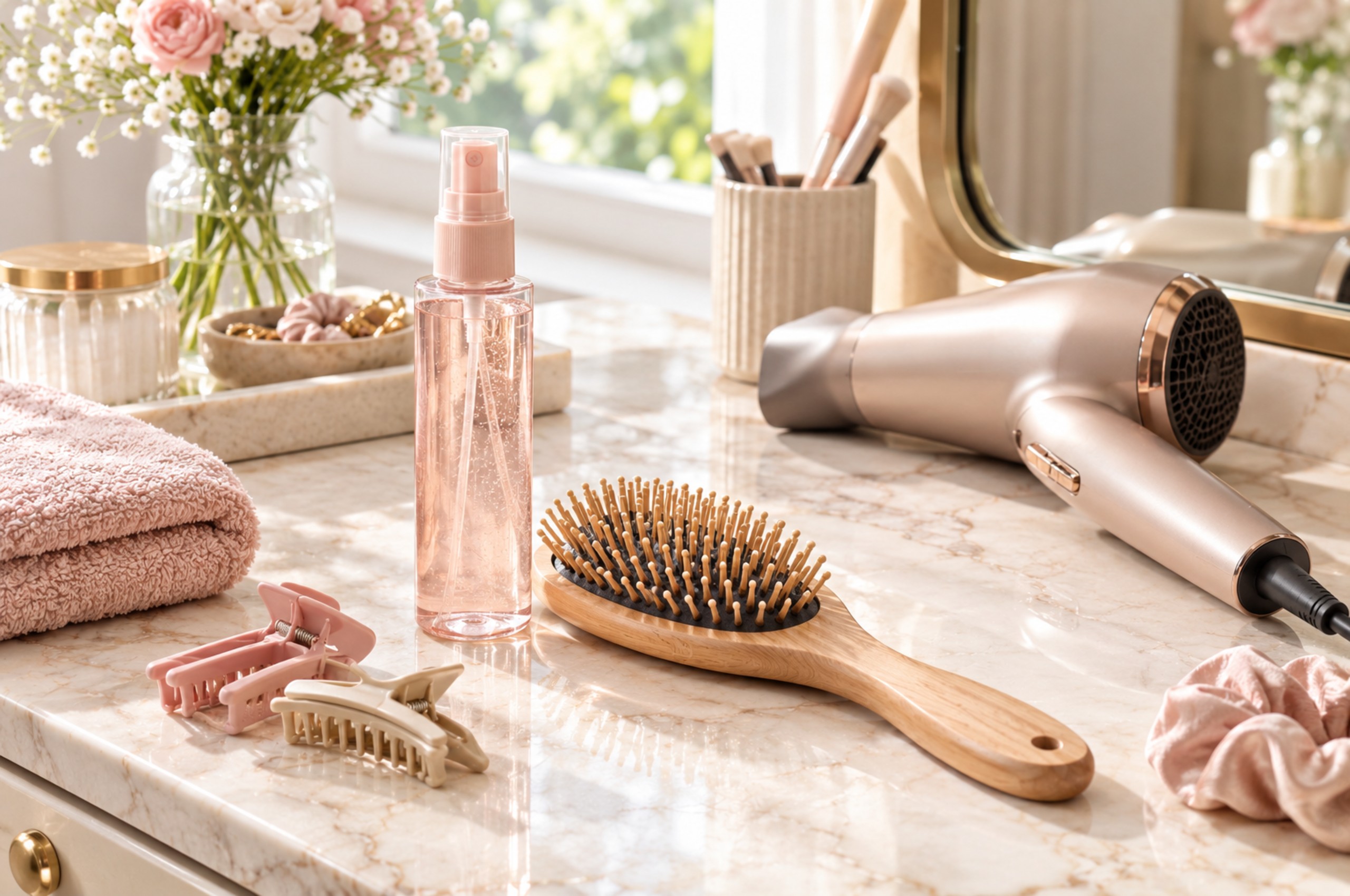 Heat protectant spray and hair styling tools on a vanity