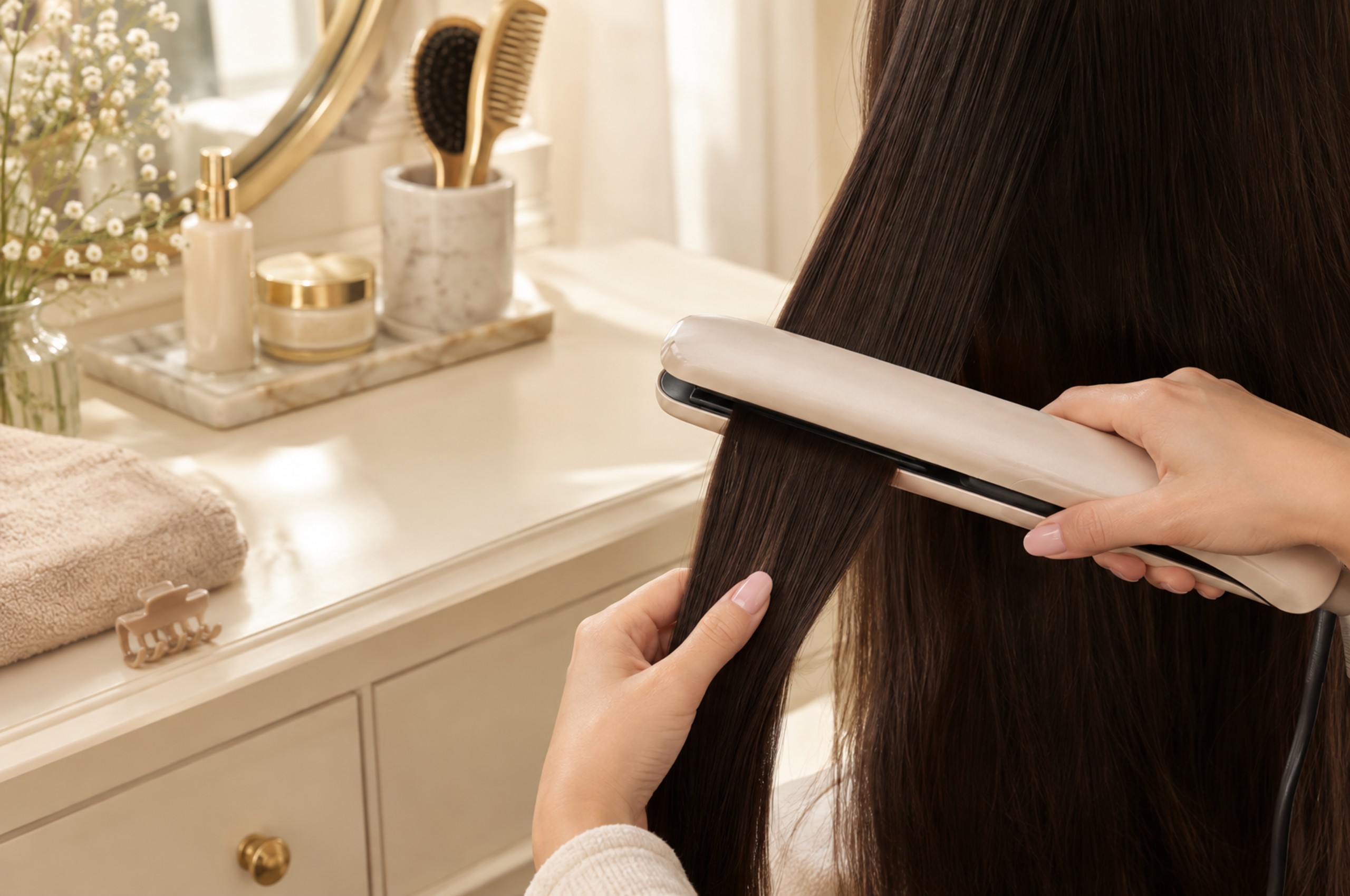 Flat iron styling completely dry hair