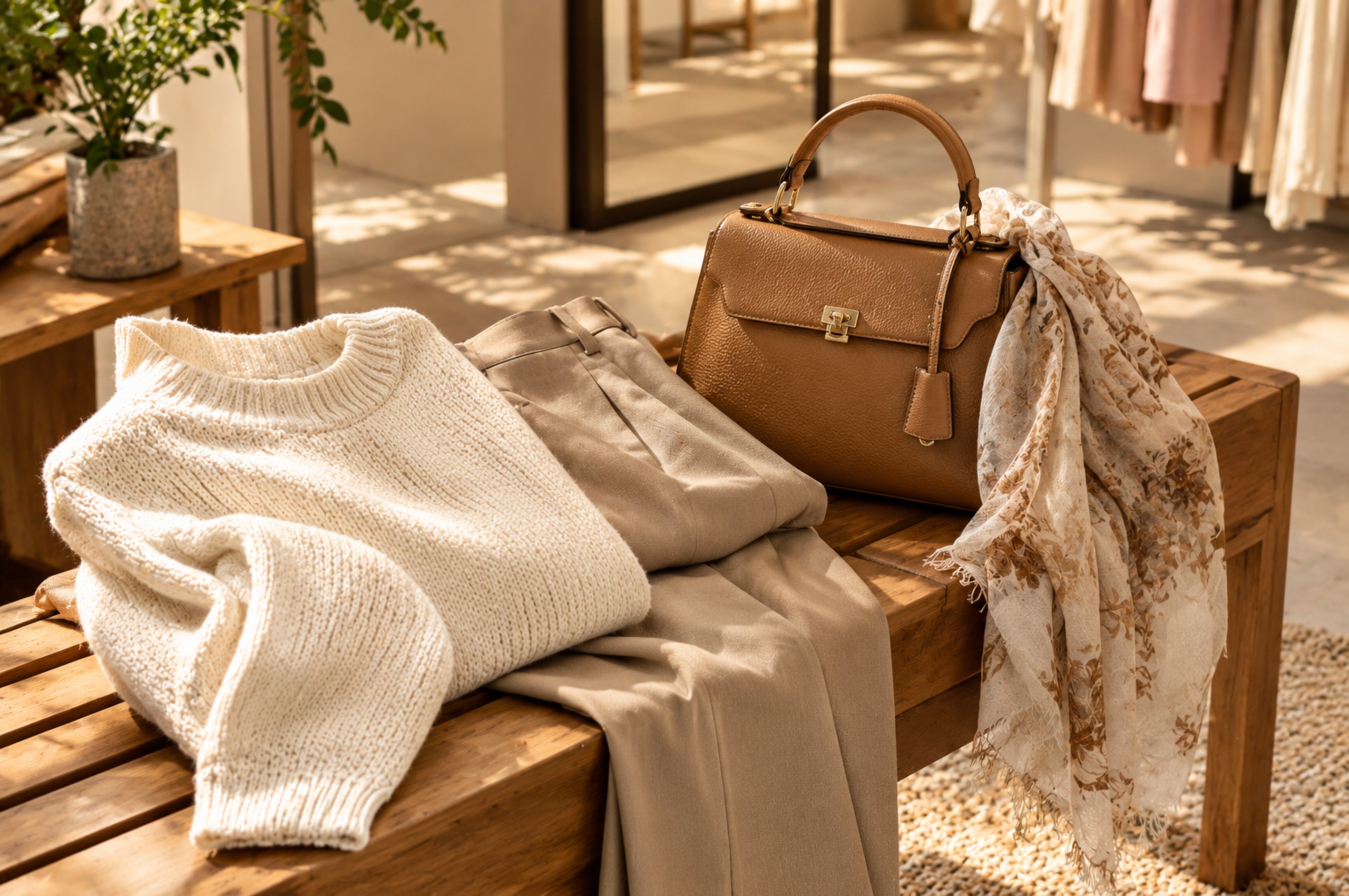 Neutral women's outfit in ivory, camel, taupe, and brown shades