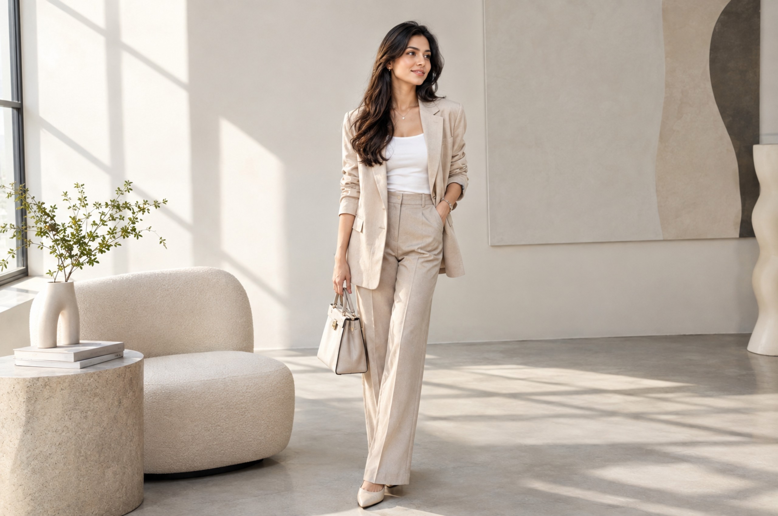 Woman wearing a neutral outfit with a burgundy handbag