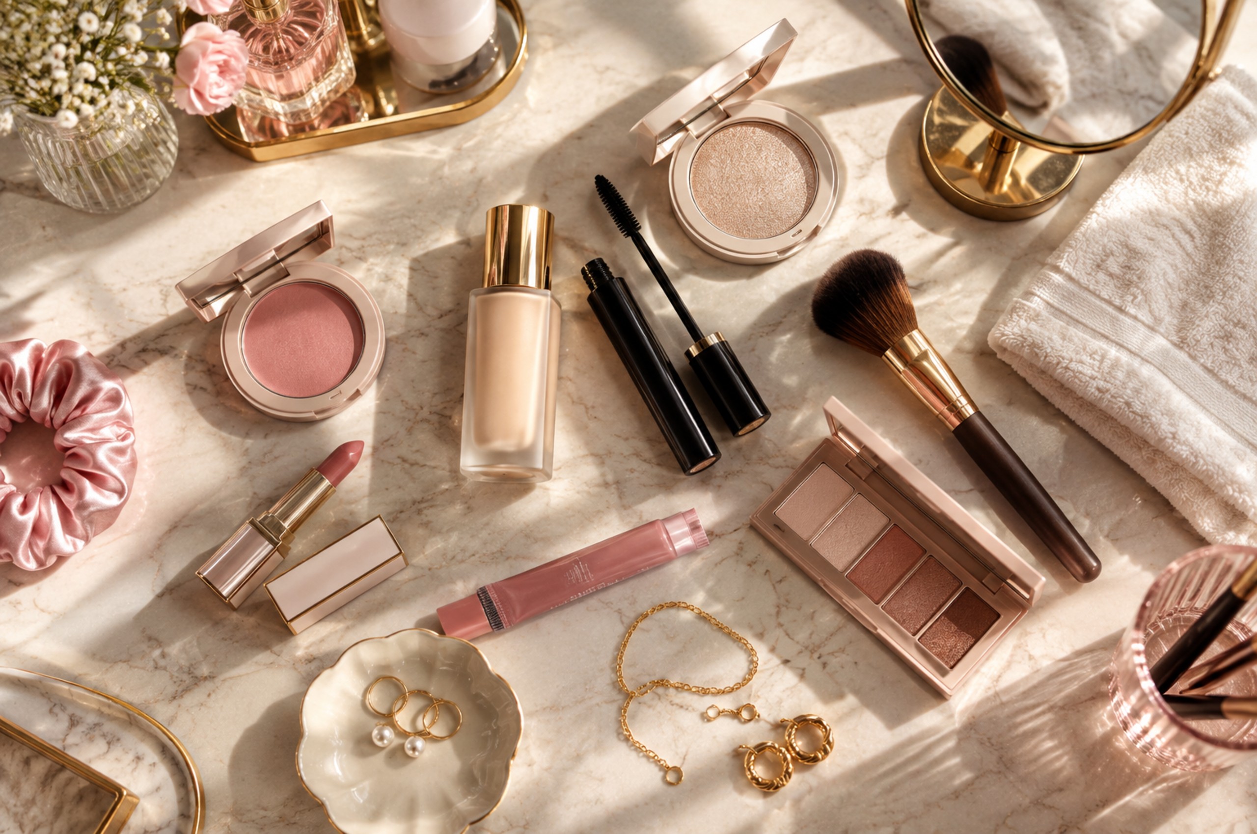 Everyday makeup essentials arranged on a luxury vanity