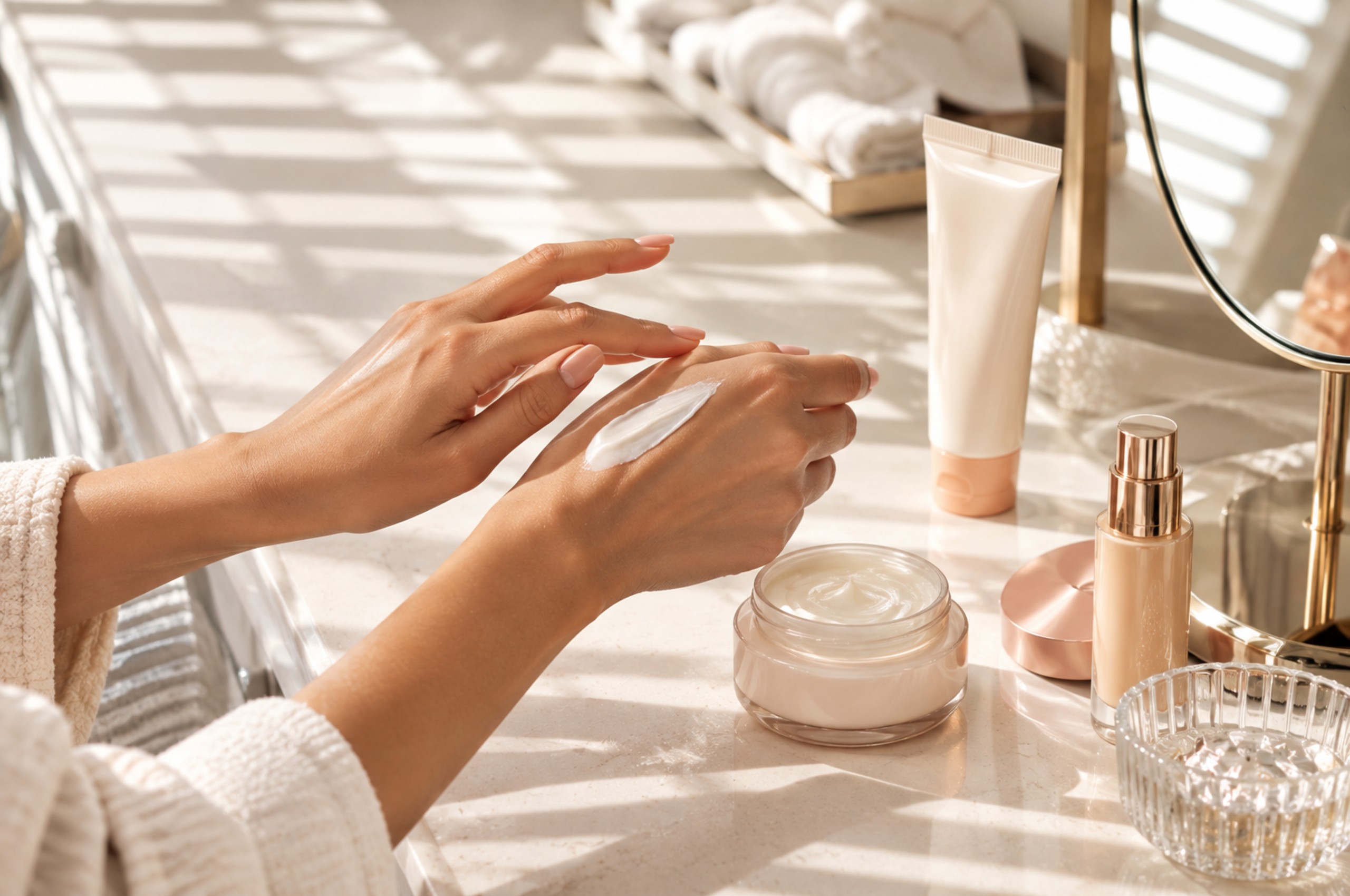 Hands preparing skin before applying everyday makeup