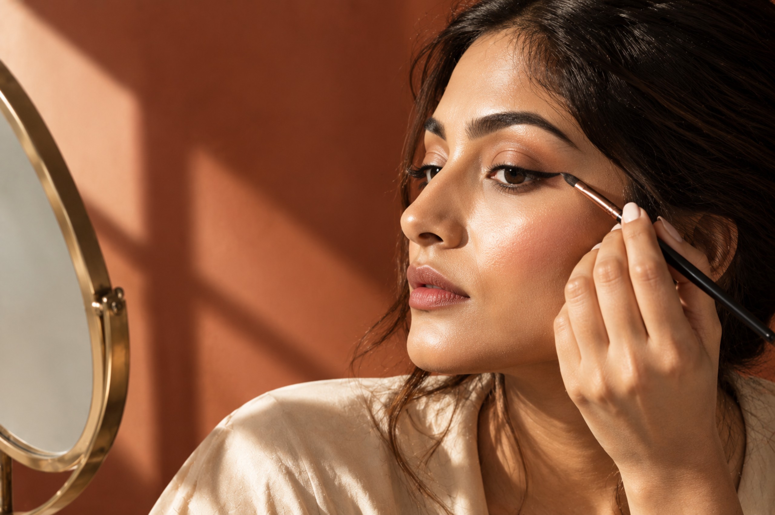 Woman applying soft brown eyeliner for everyday makeup