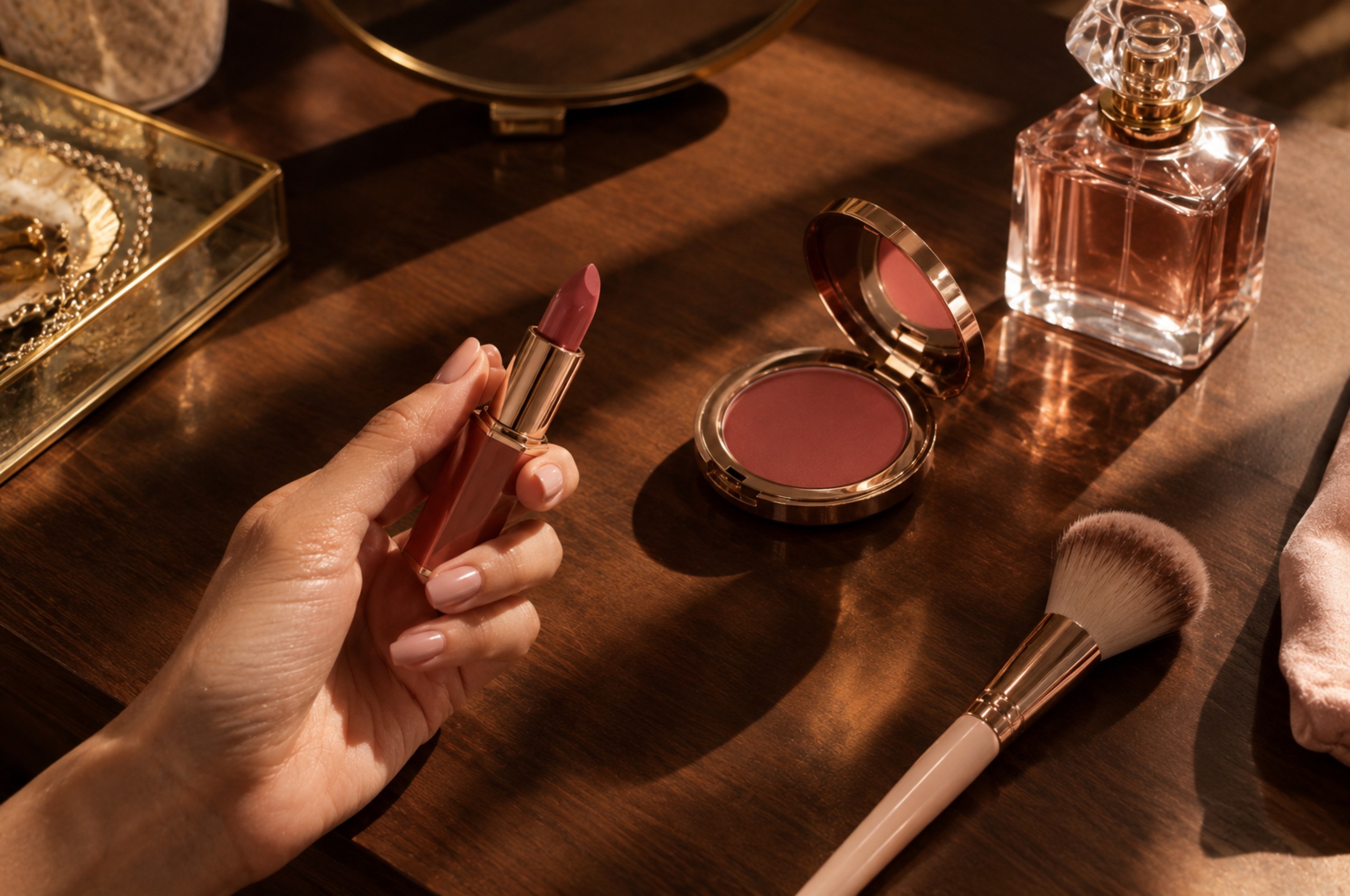Rose lipstick and blush arranged on a dressing table