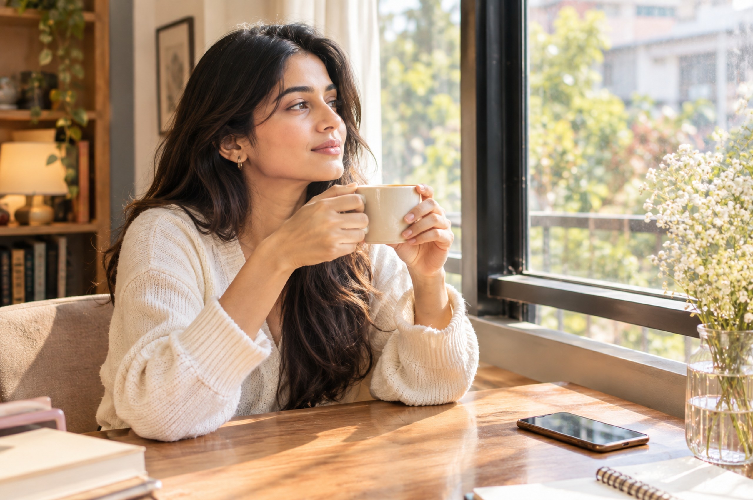 Woman practicing digital detox by setting phone aside for a peaceful moment