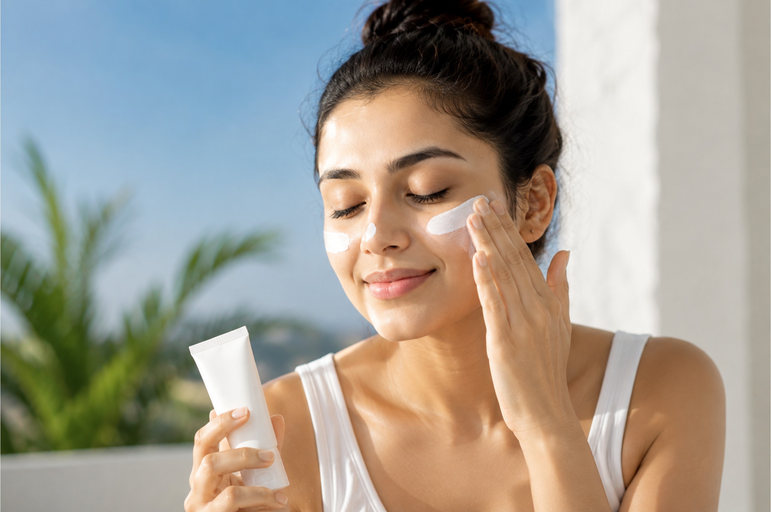 Woman applying sunscreen to her face