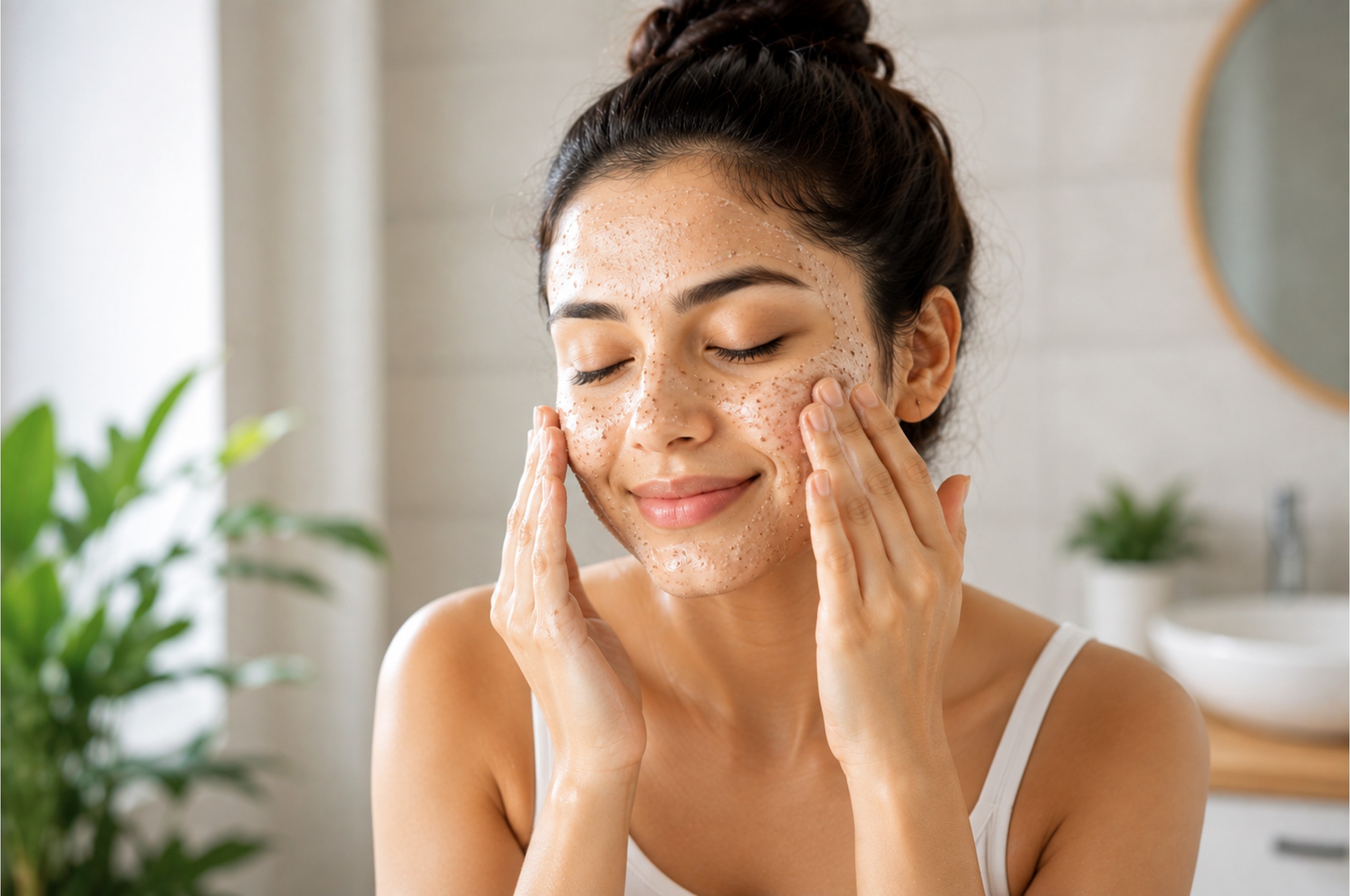 Woman exfoliating her face with a scrub