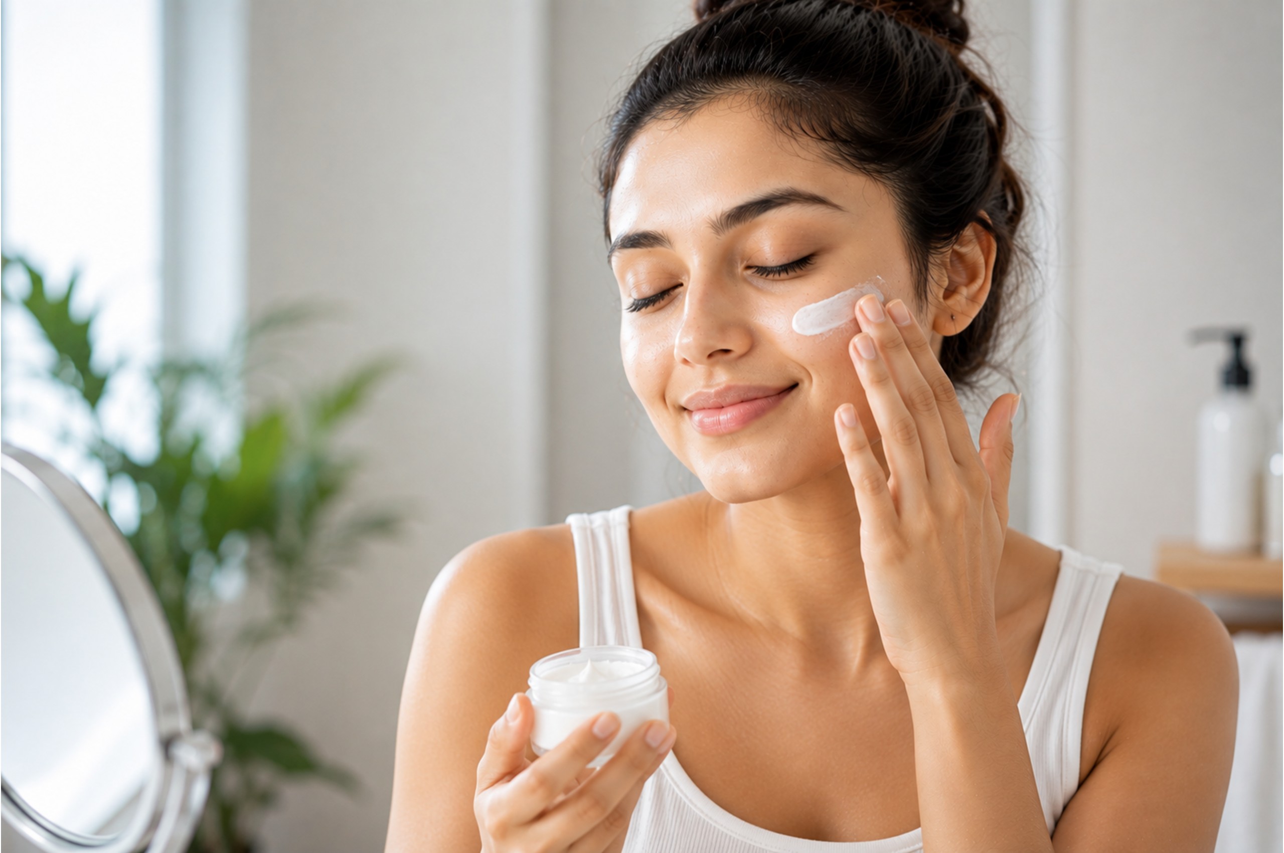Woman applying moisturizer to her face