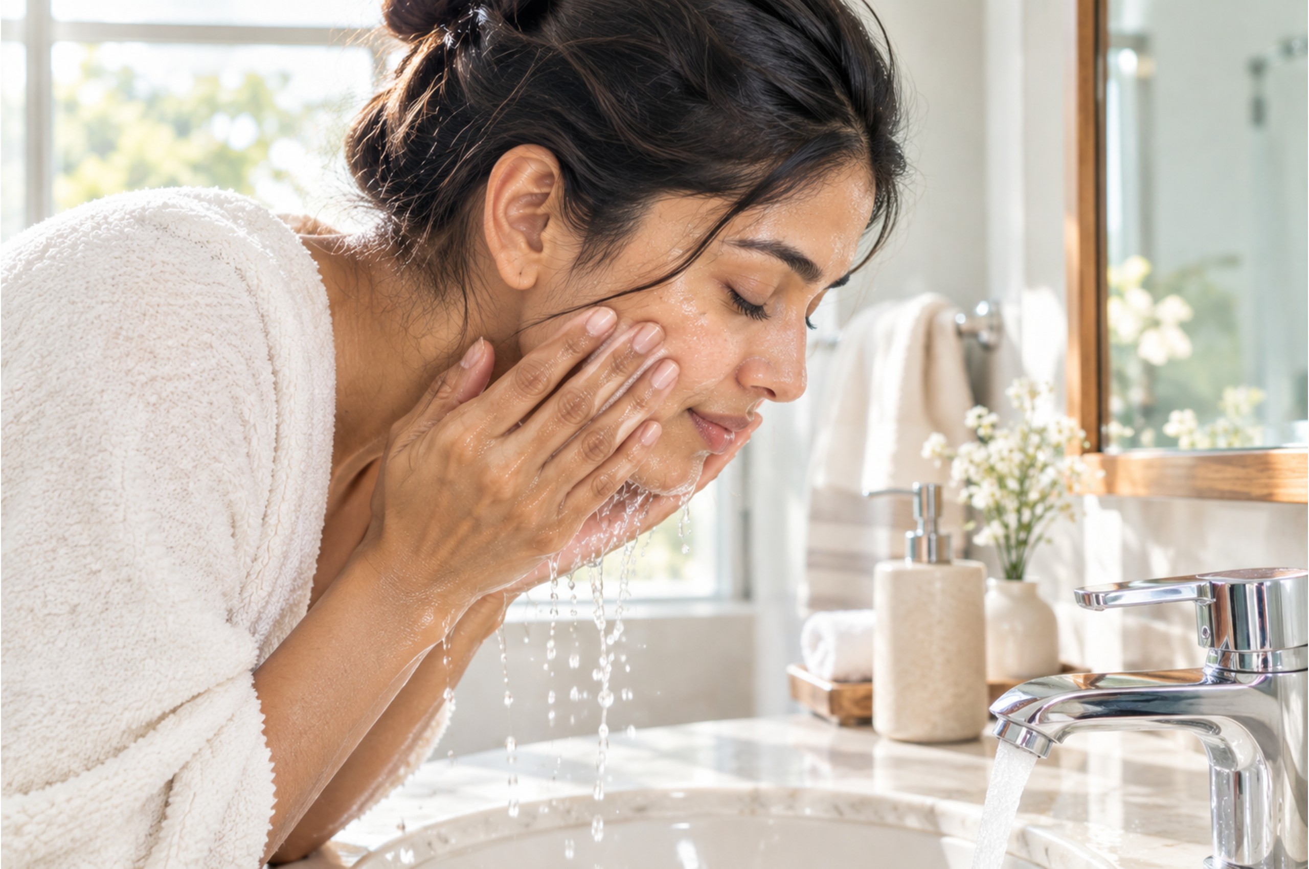 Woman rinsing face with water after oil cleanser during double cleansing