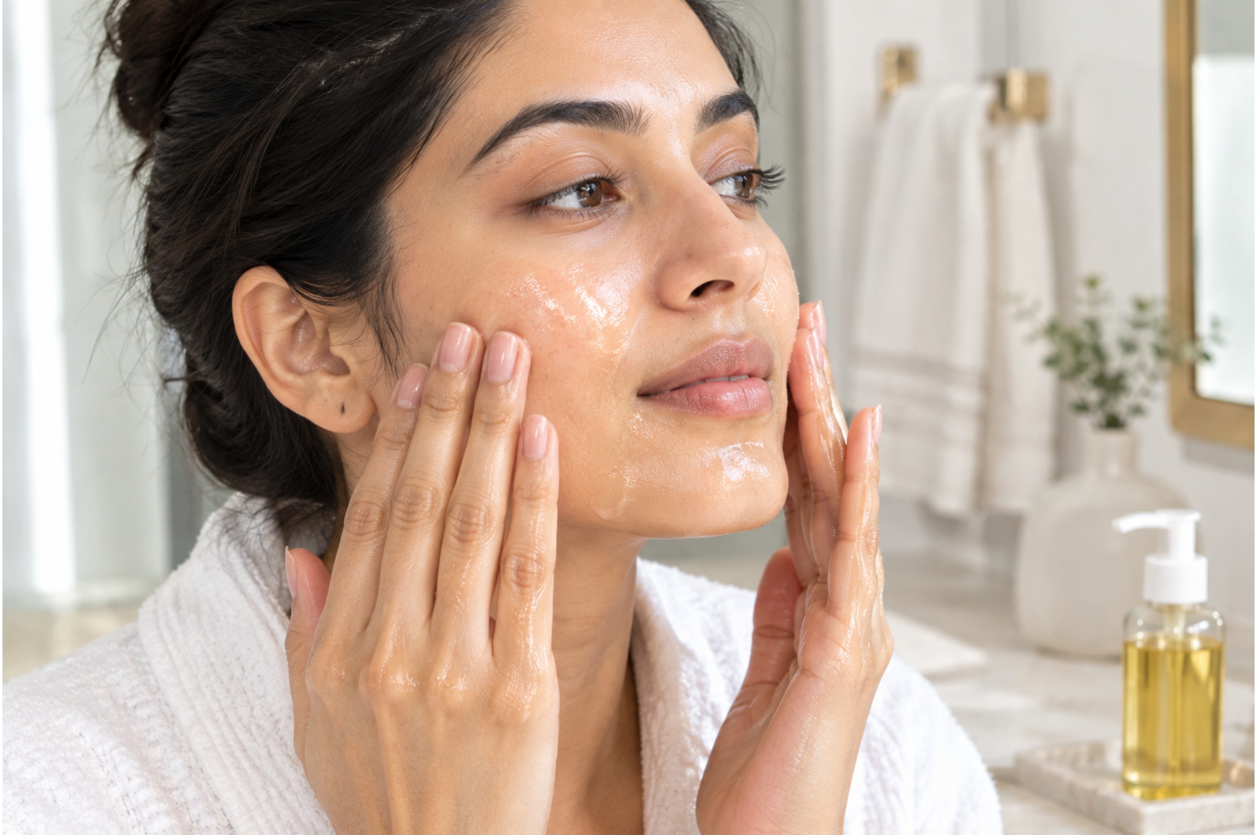 Woman applying oil cleanser as the first step of a double cleansing routine