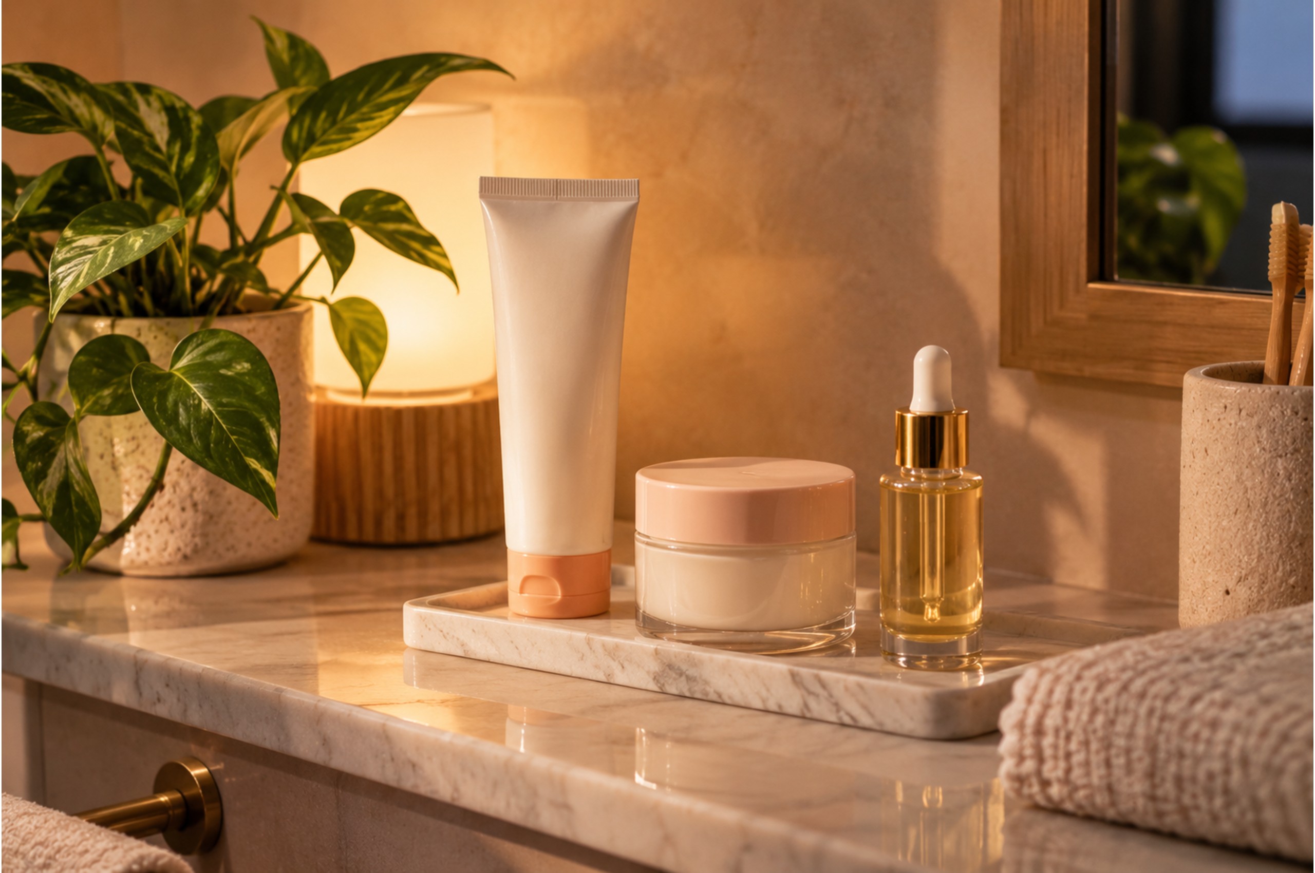 Sunscreen, moisturizer and serum arranged for a safe retinol skincare routine