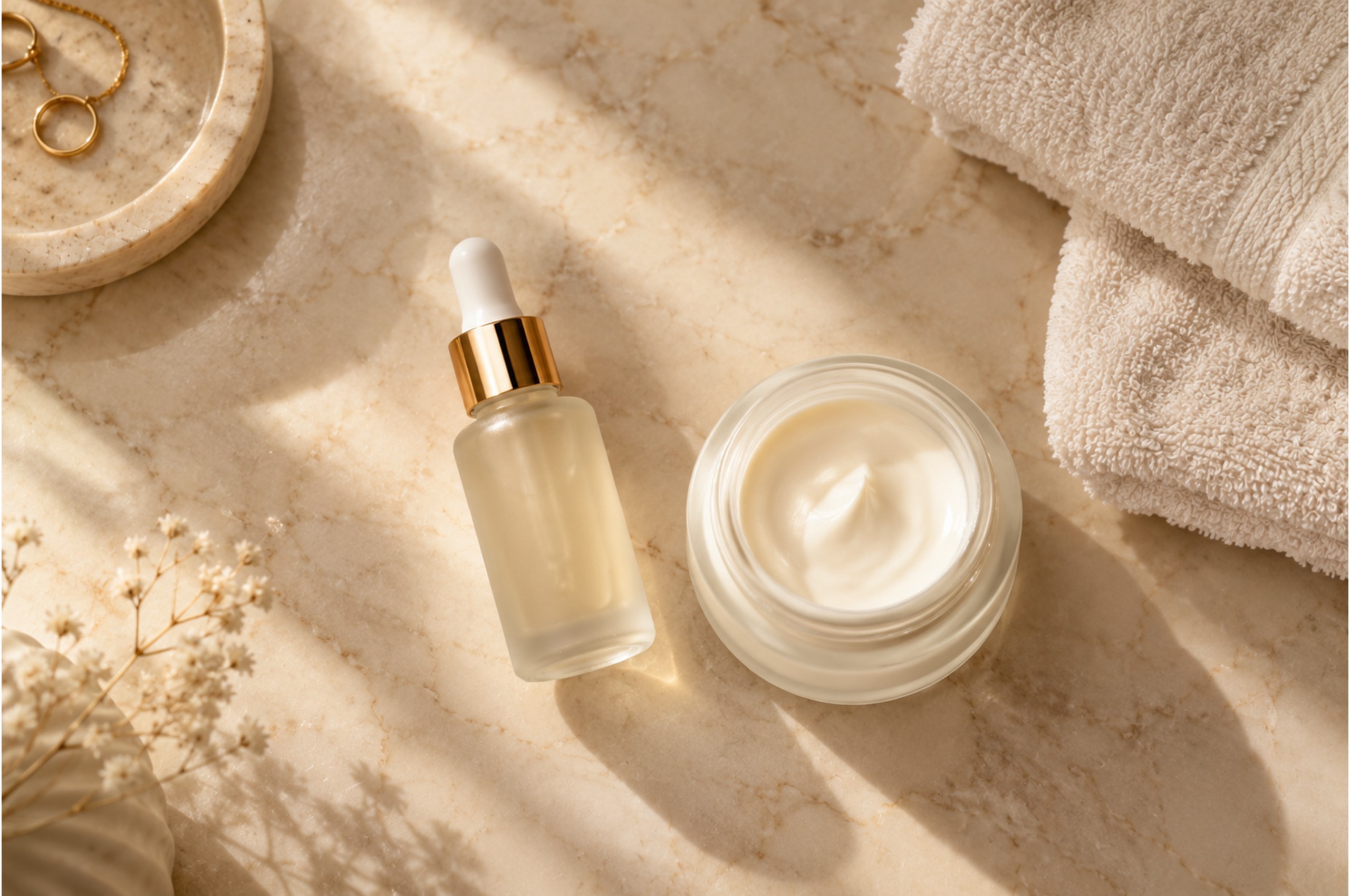 Retinol serum bottle and moisturizer for a beginner night skincare routine