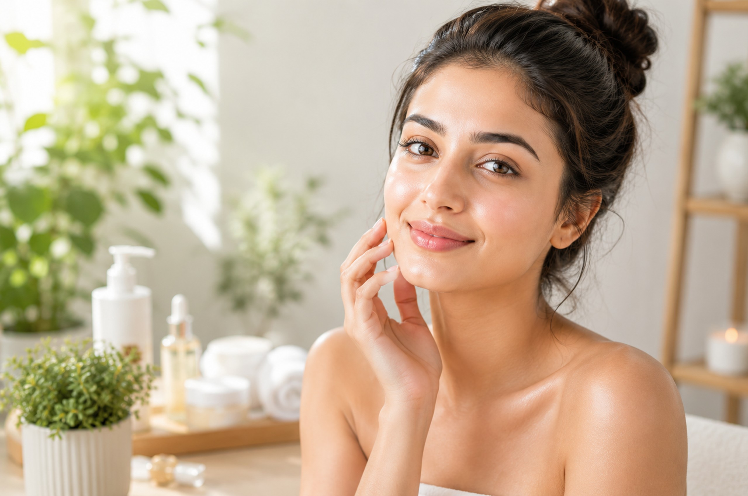Woman with healthy-looking skin enjoying self-care