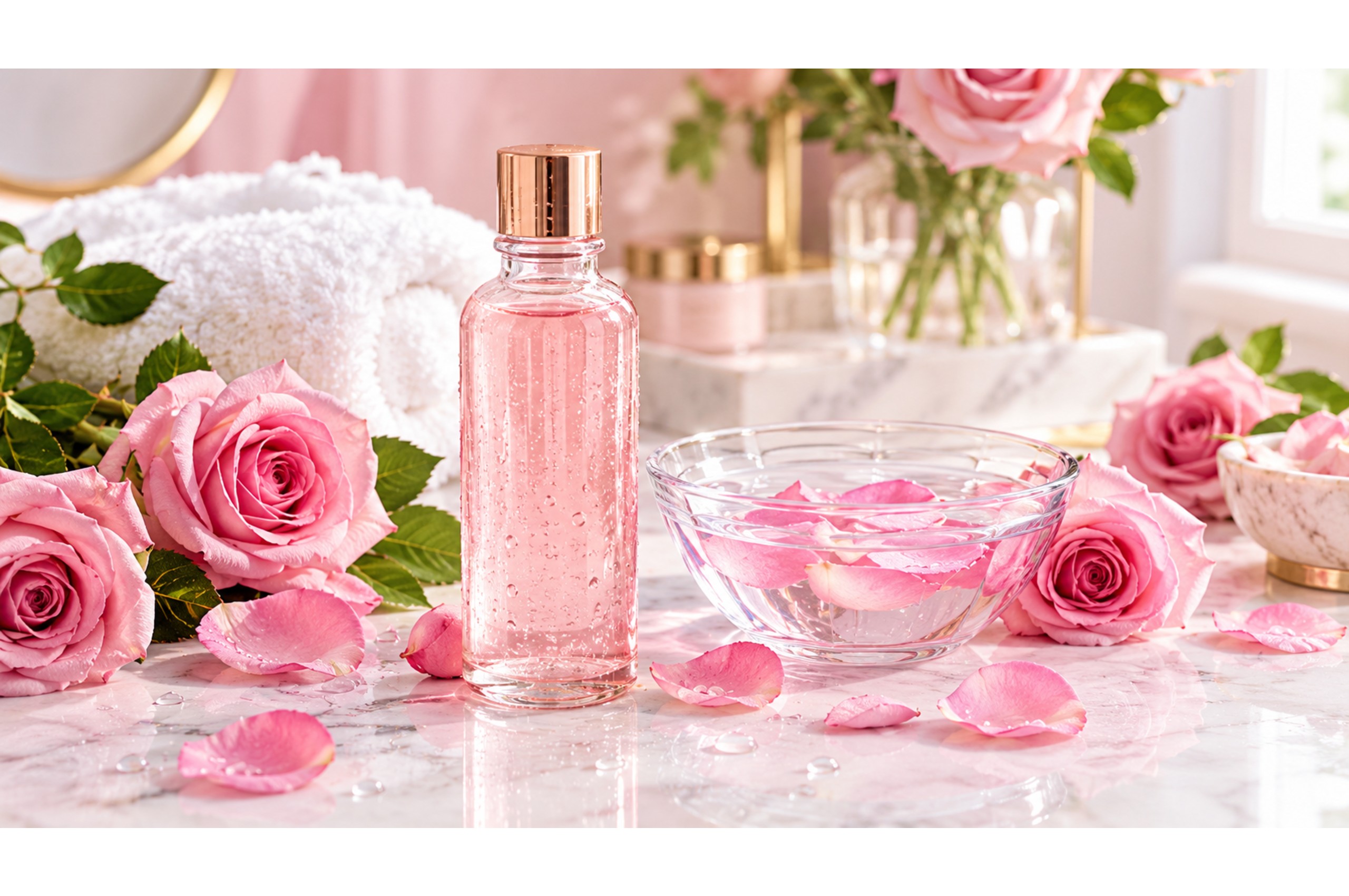 Rose water benefits for skin on a marble vanity