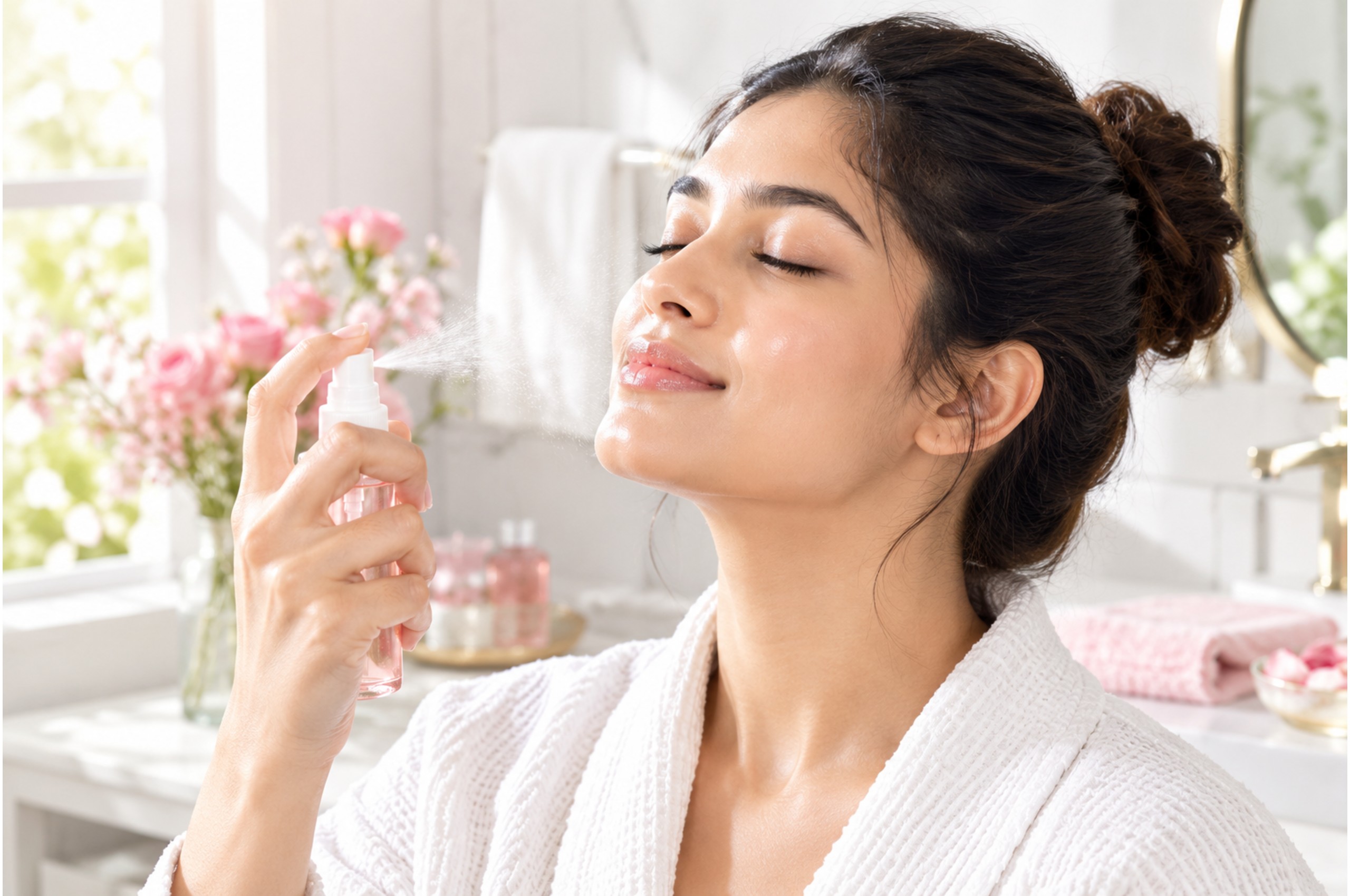 Woman misting rose water on her face during a skincare routine