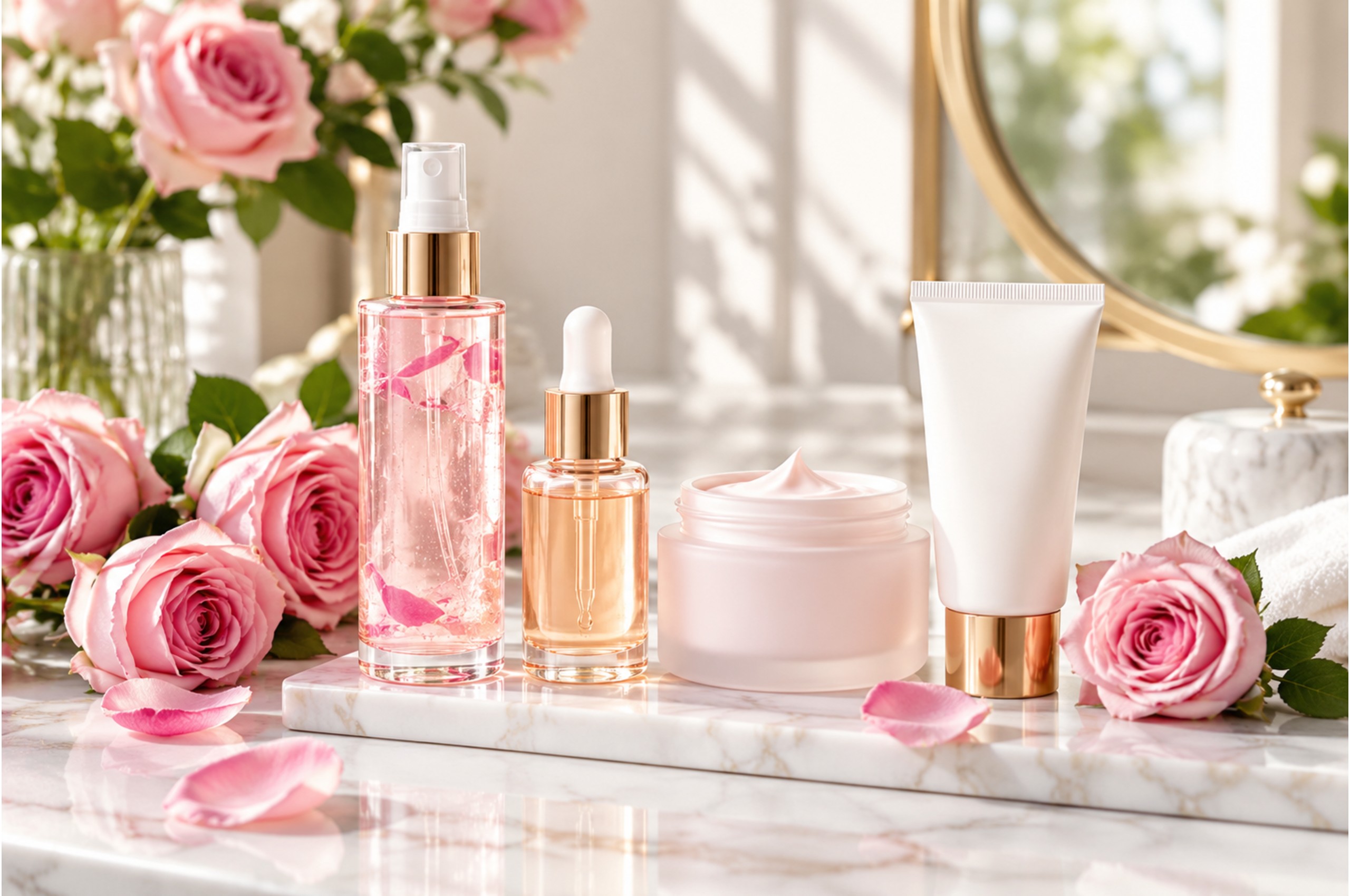 Elegant skincare routine with rose water, serum, moisturizer, and sunscreen
