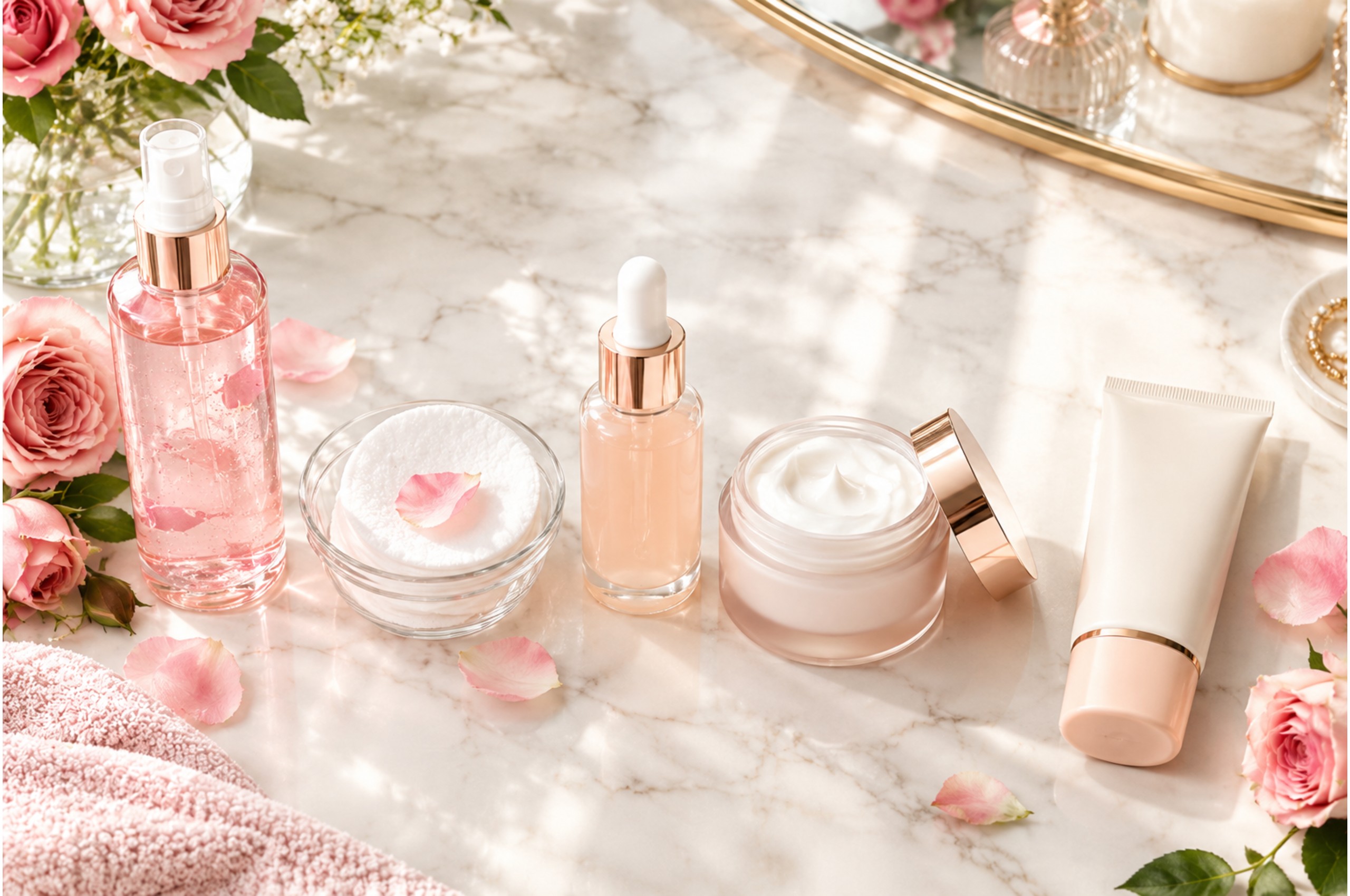 Premium skincare routine flat lay with rose water, serum, moisturizer, and sunscreen