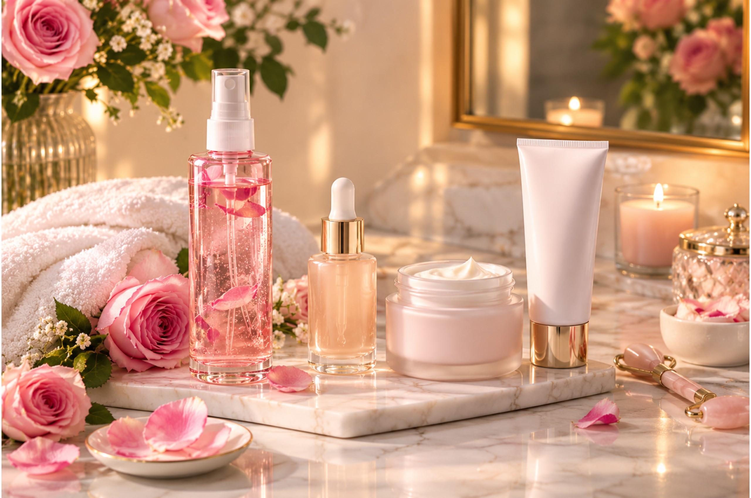 Luxury skincare routine with rose water, pink roses, and skincare products on a white marble vanity