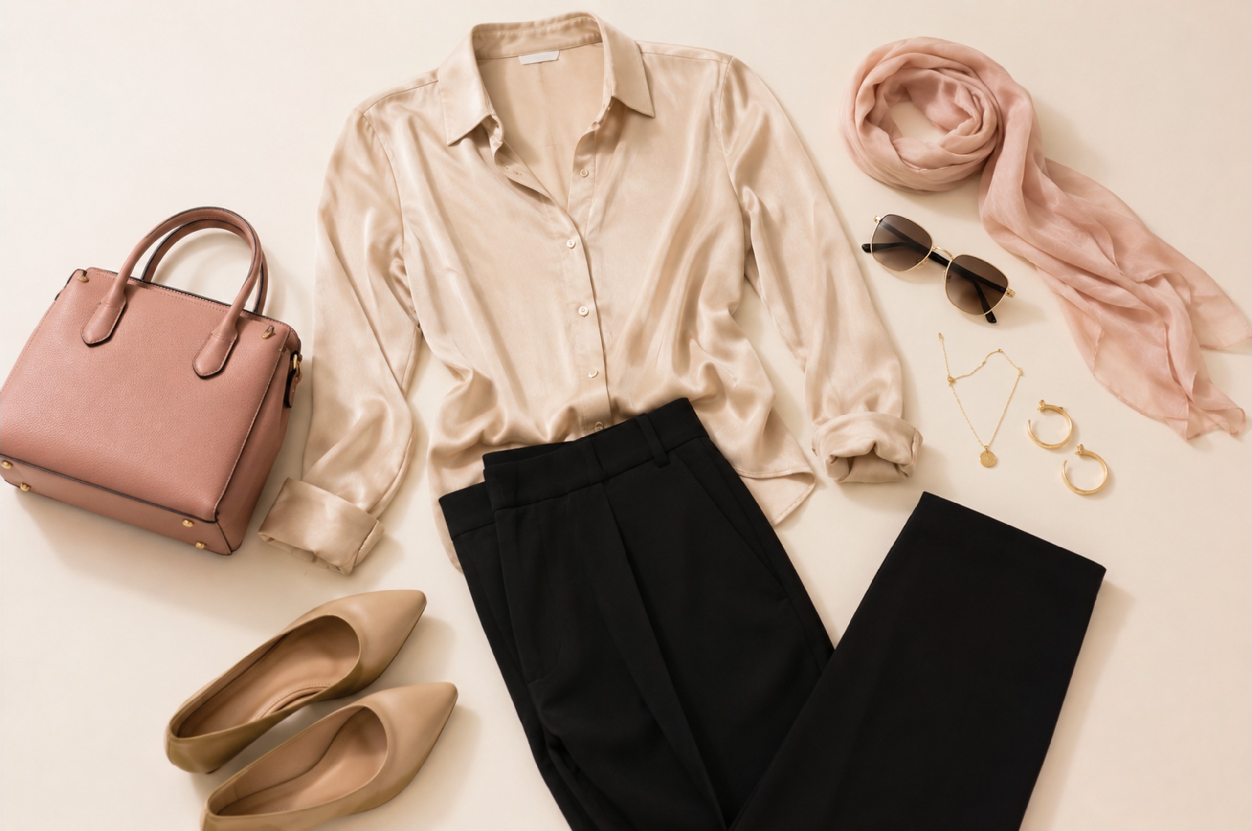 Neutral women's outfit with a pink accent
