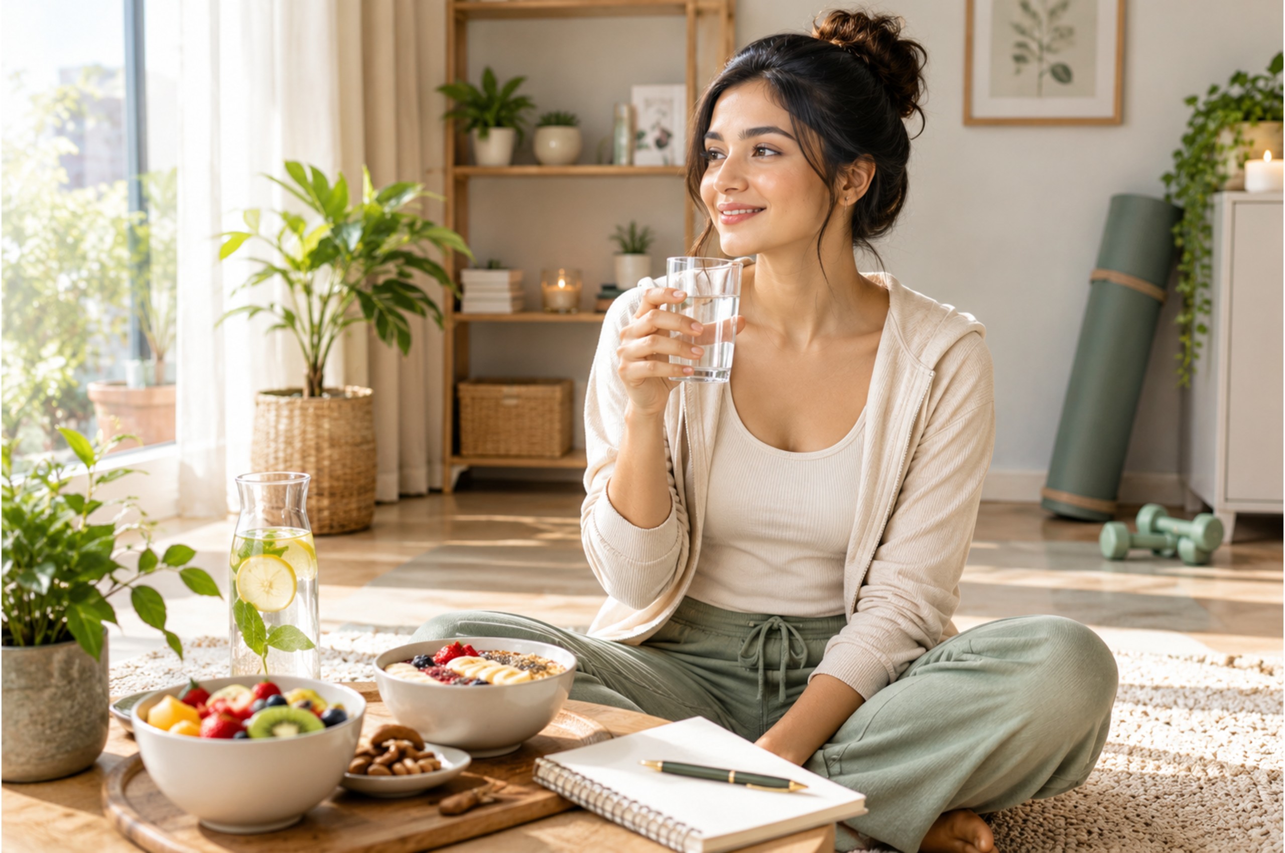 Woman enjoying a healthy and peaceful wellness routine