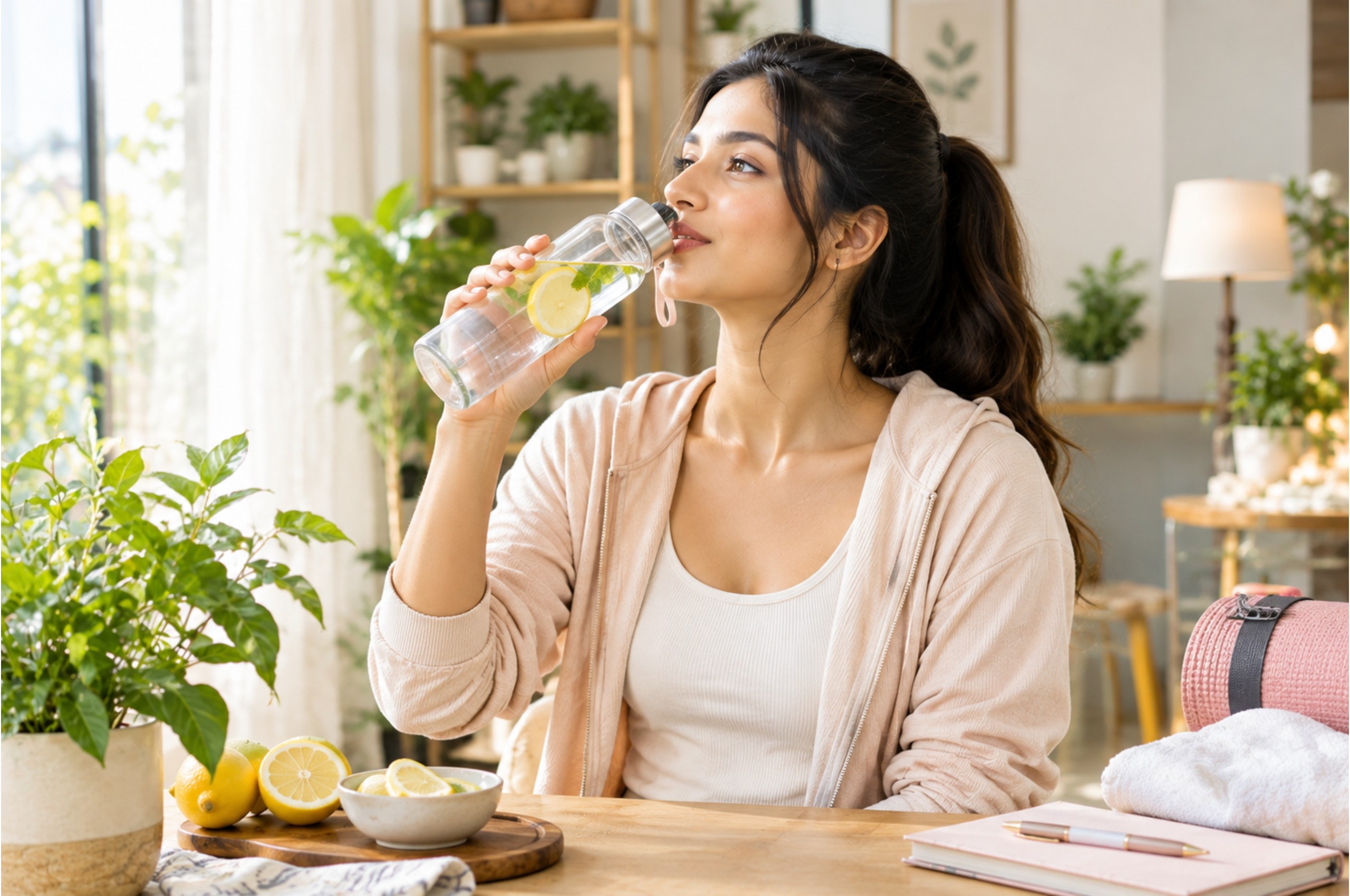 Woman drinking water as part of a healthy wellness routine