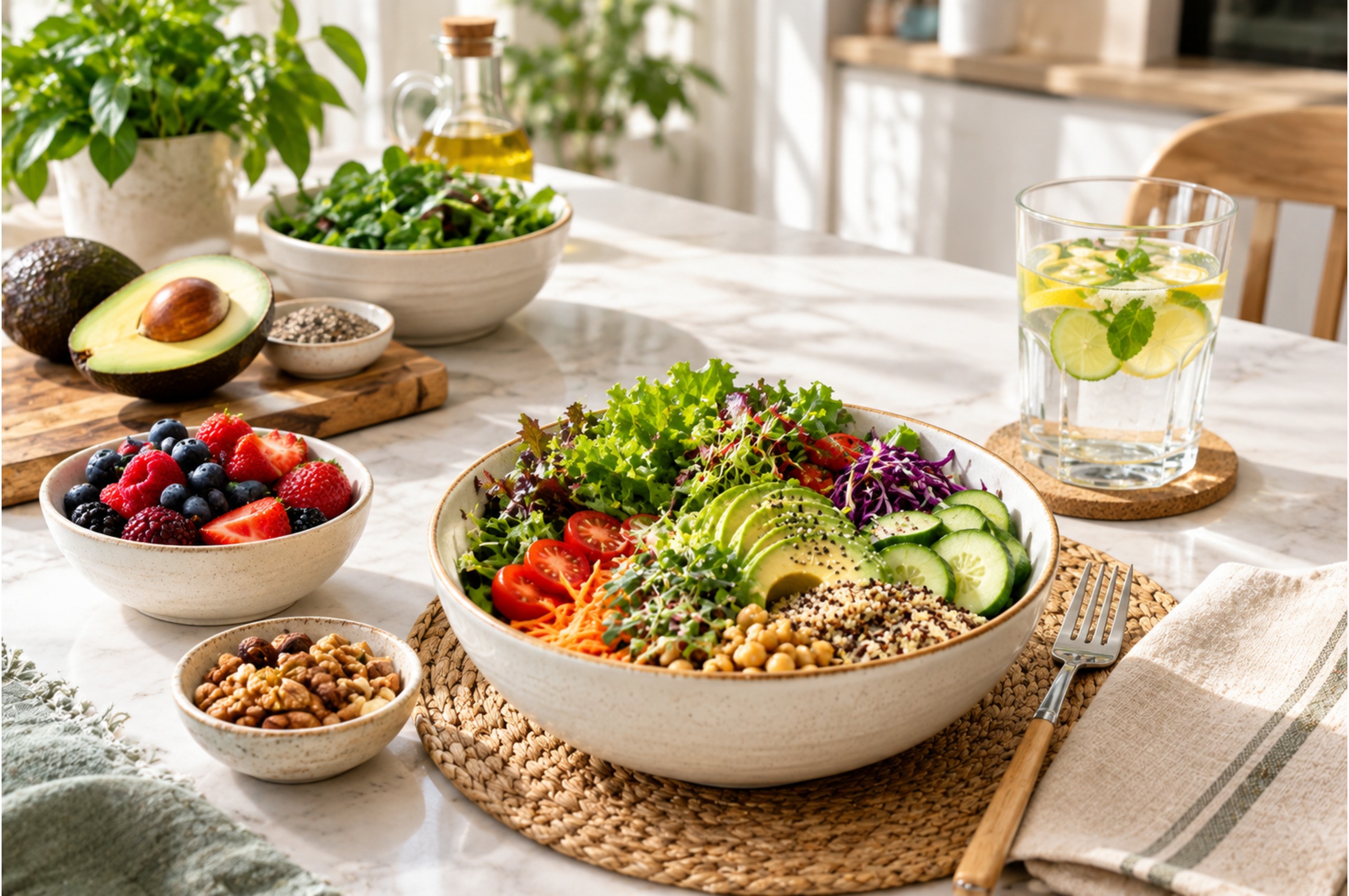 Healthy balanced meal with fresh fruits and vegetables