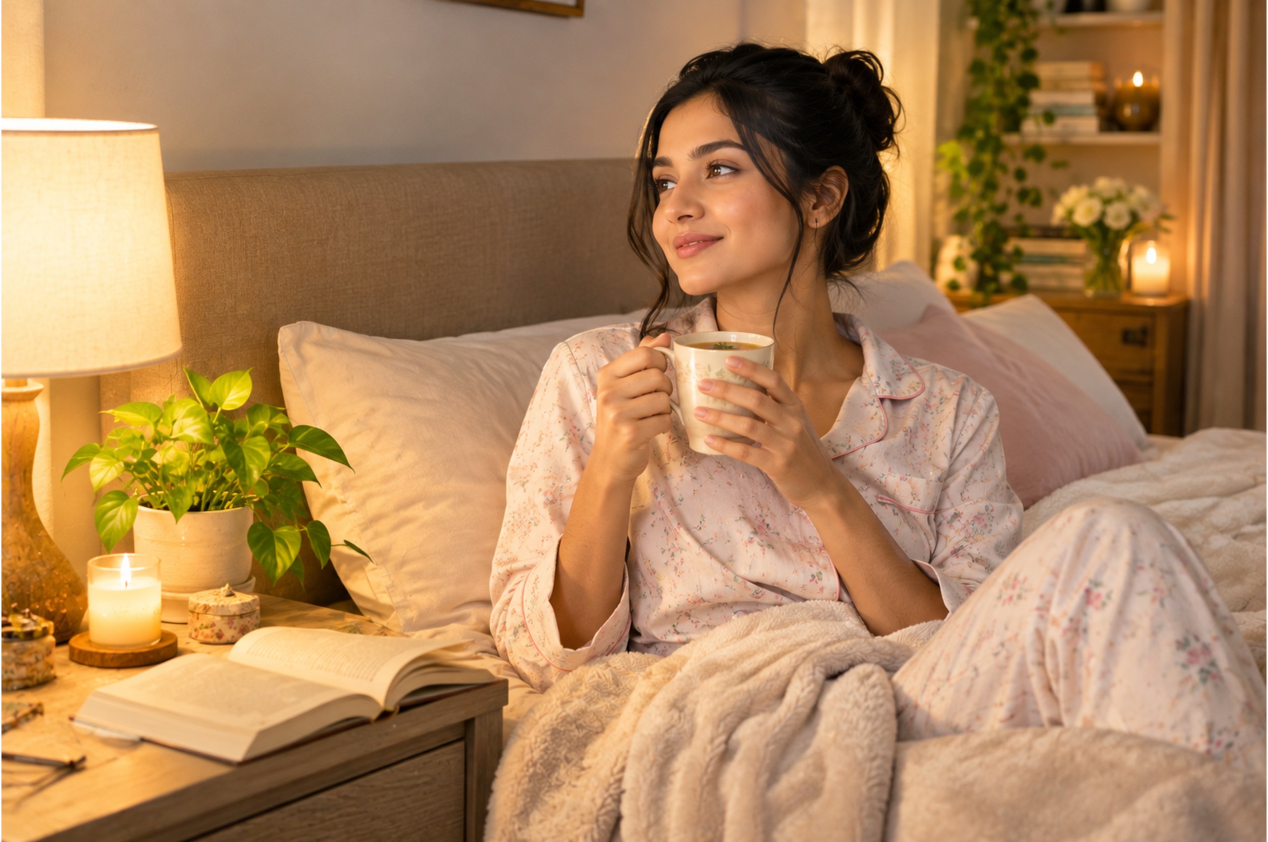 Woman enjoying a relaxing evening wellness routine