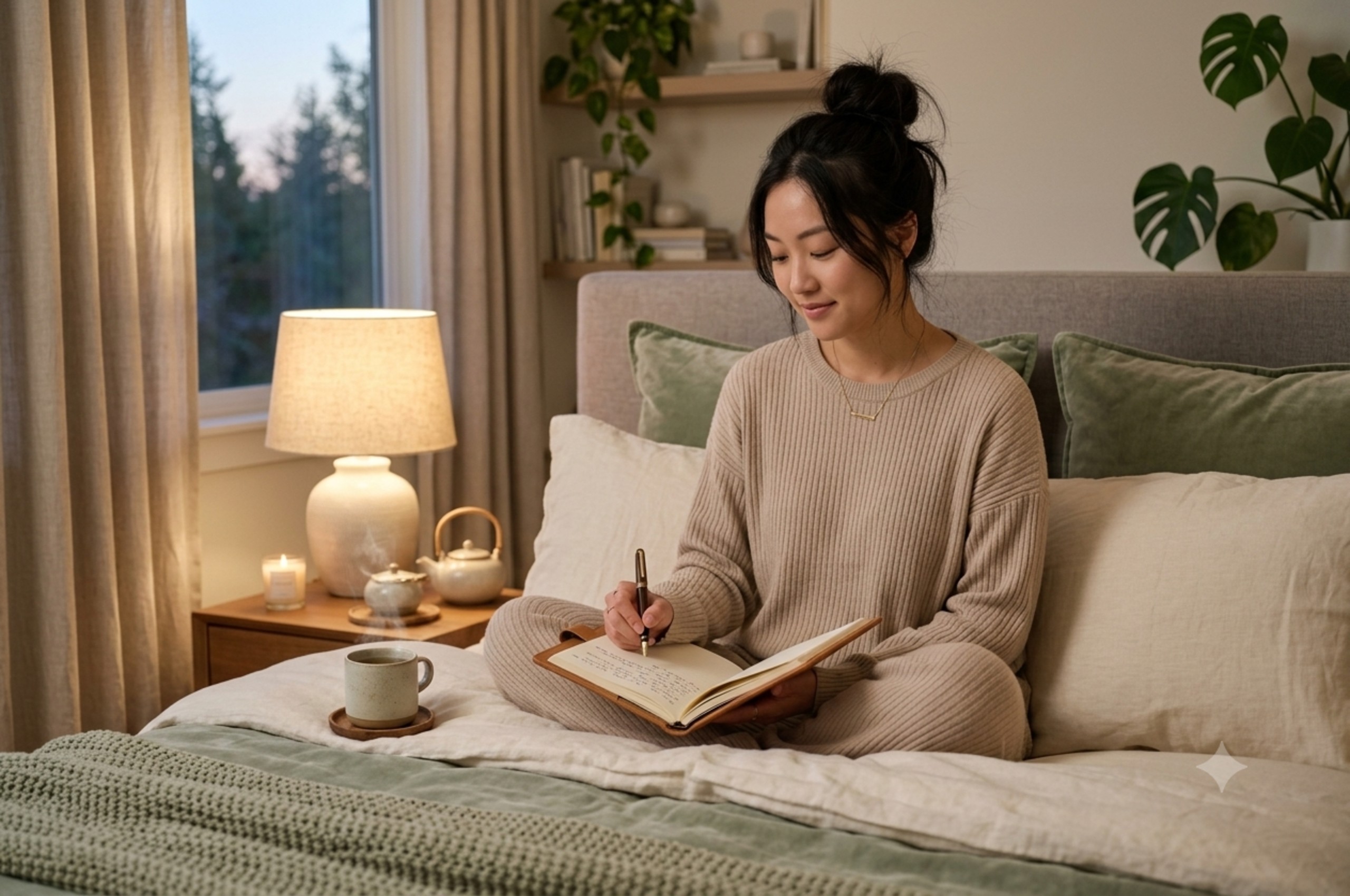 Woman enjoying a peaceful and relaxing evening at home