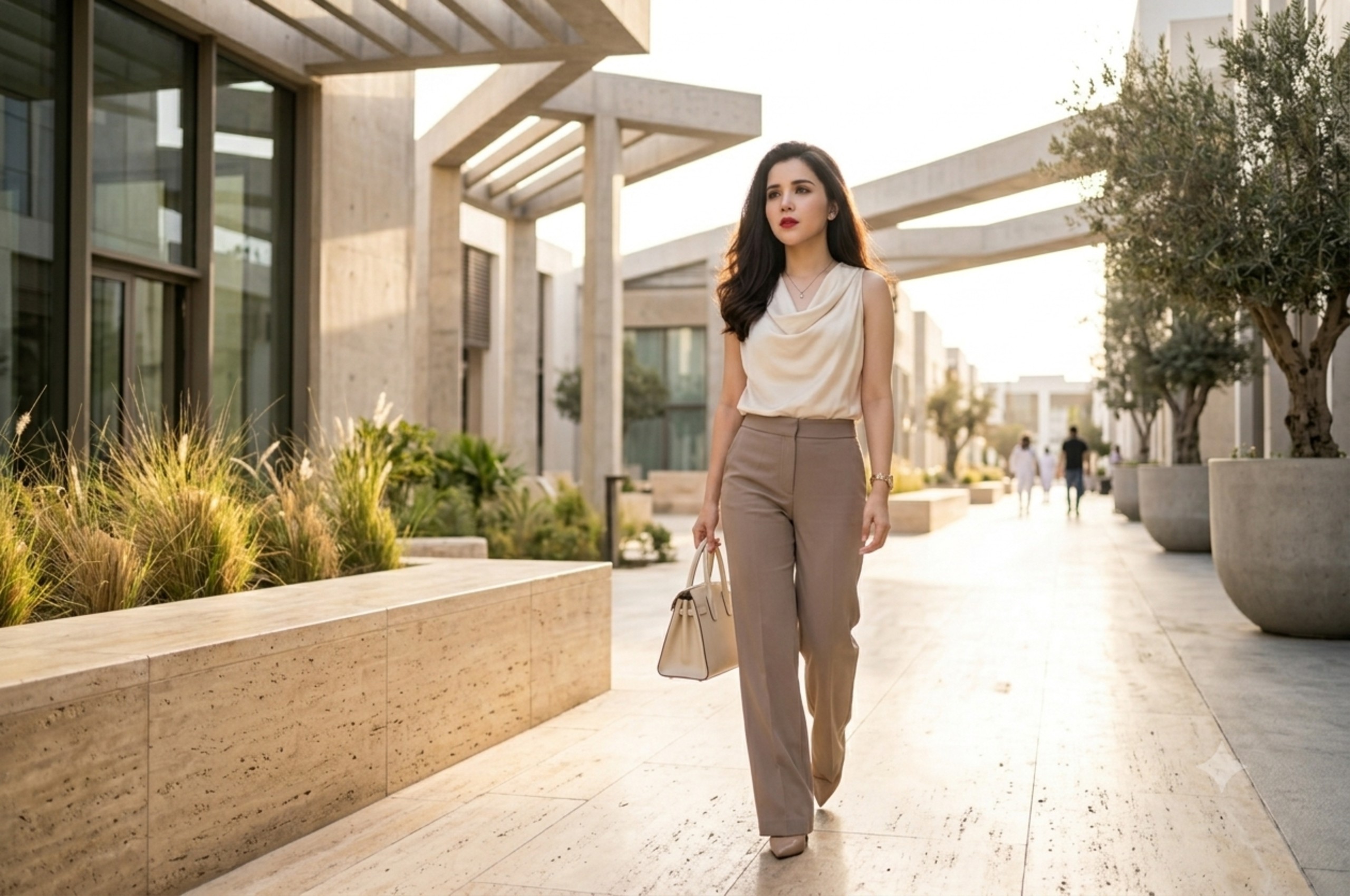 Woman wearing a sophisticated cream and taupe neutral outfit