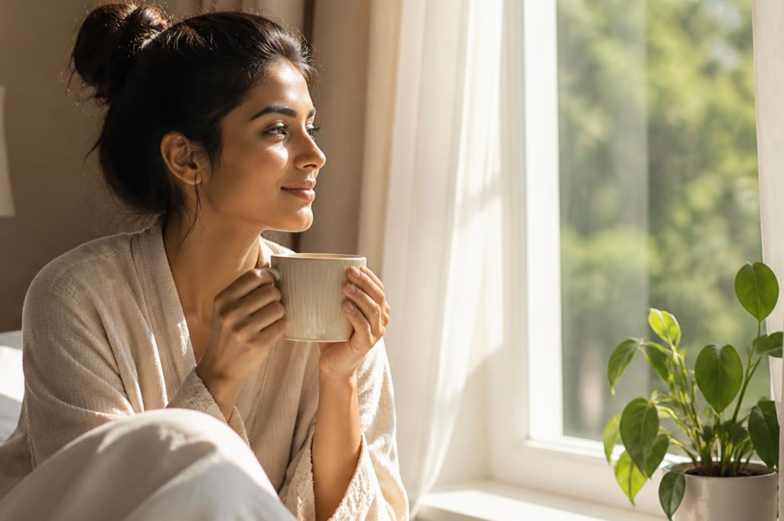 Woman enjoying a peaceful slow morning at home